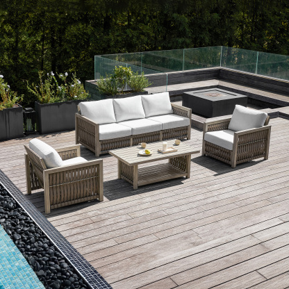 Modern rattan patio set with white cushions, glass - Seehill