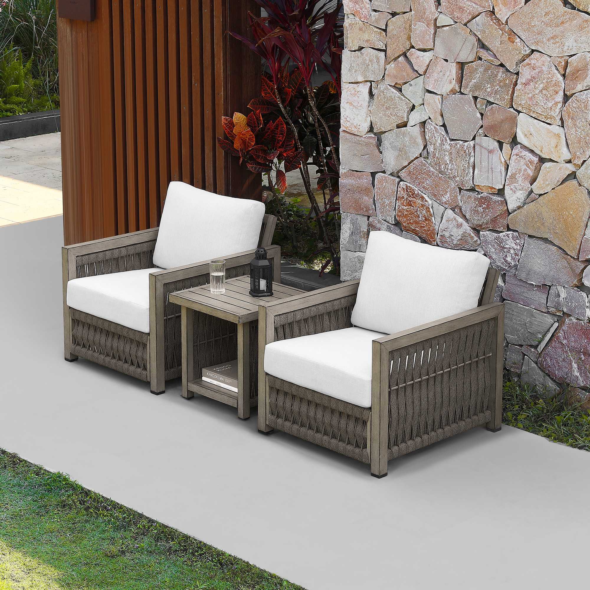 Weather-resistant wicker patio set with white cushions - Seehill