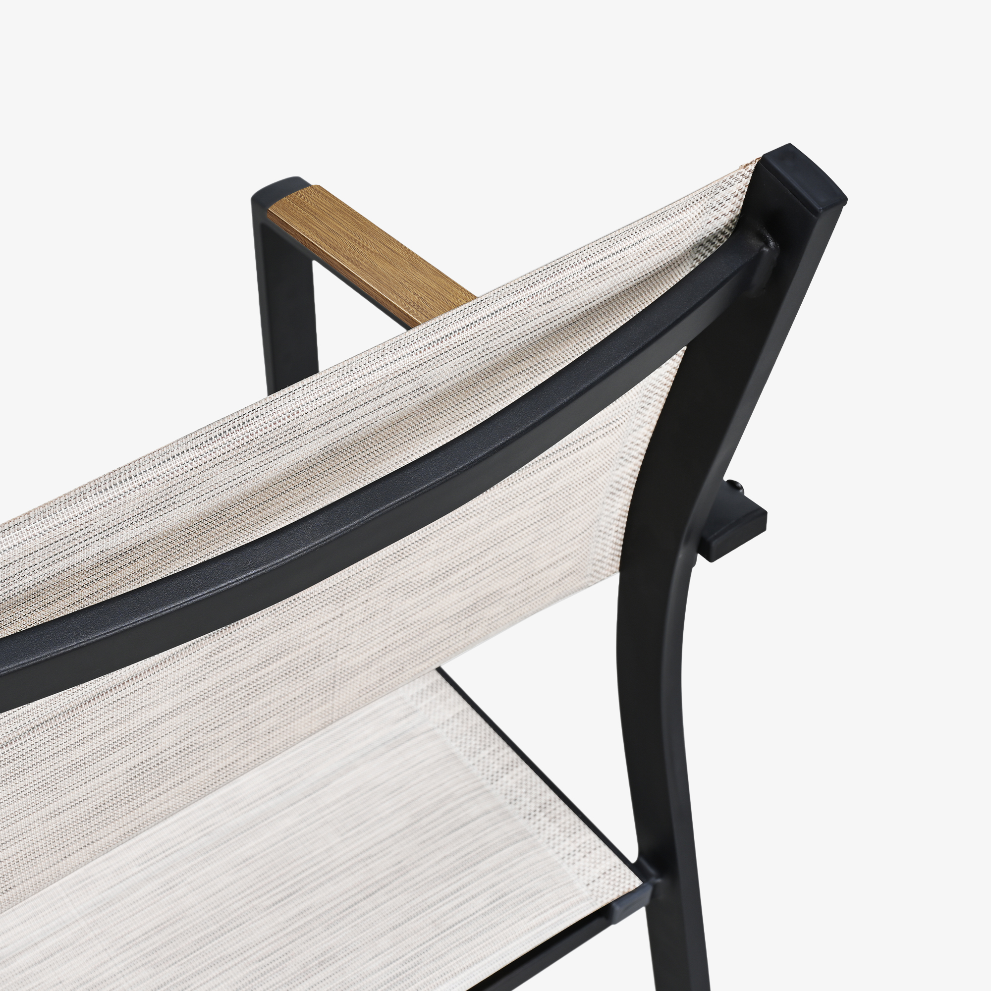 Close-up of outdoor dining chair with beige mesh fabric and black metal frame armrest-Seehill