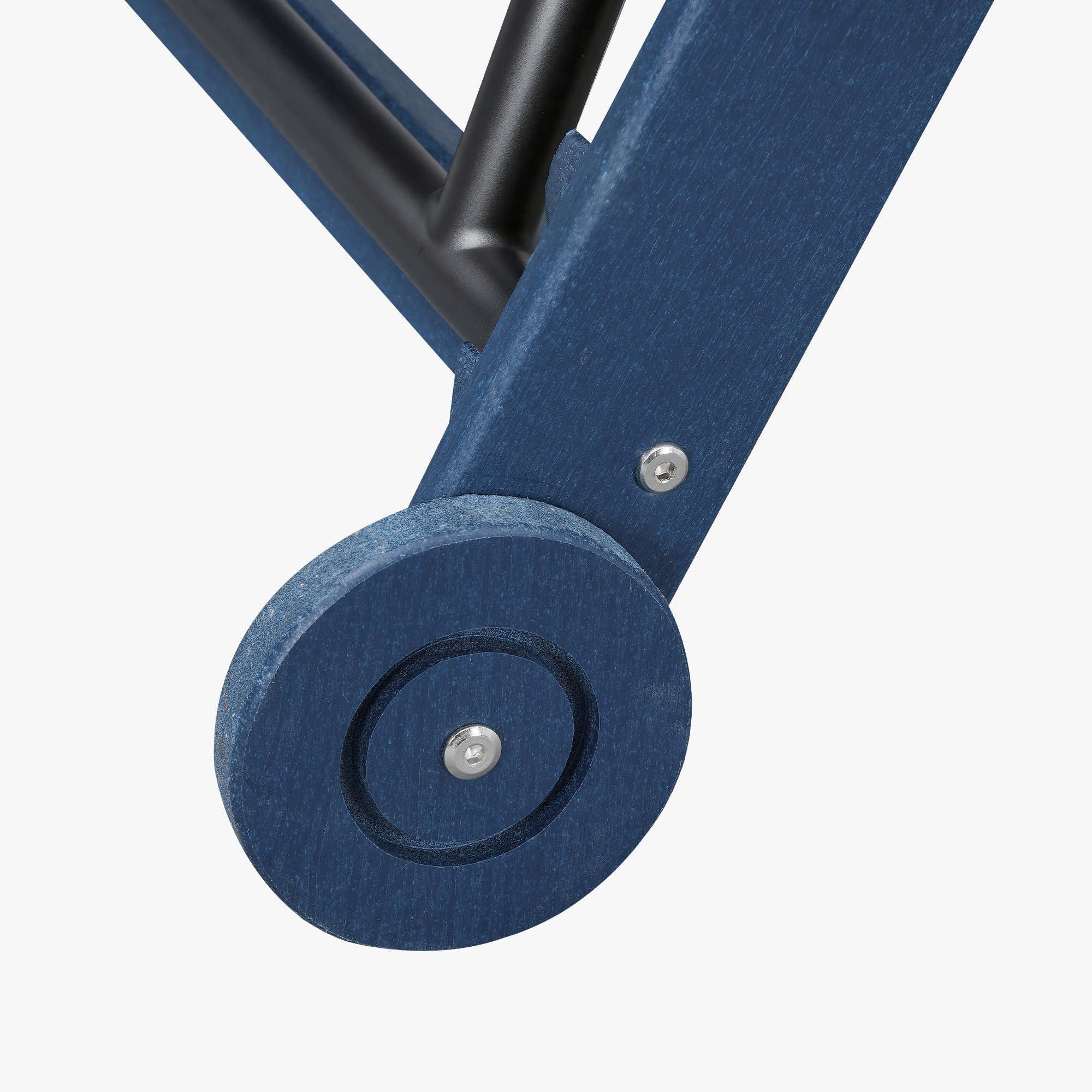 Close-up of blue HDPE patio lounge wheel and frame detail on white background -Seehill