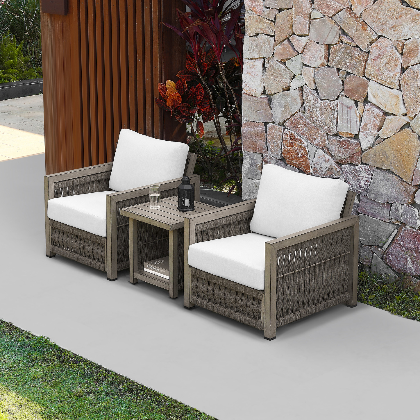 Weather-resistant wicker patio set with white cushions - Seehill
