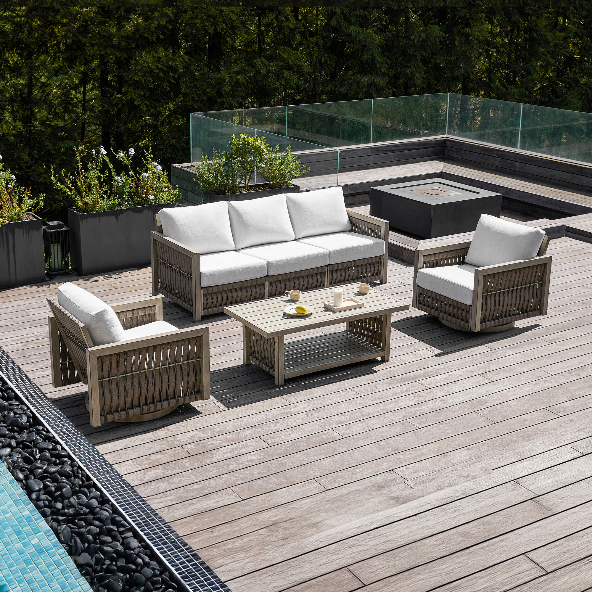 Explore the modern outdoor wicker lounge set with white cushions of the exclusive Outdoor Patio Conversation collection. - Seehill
