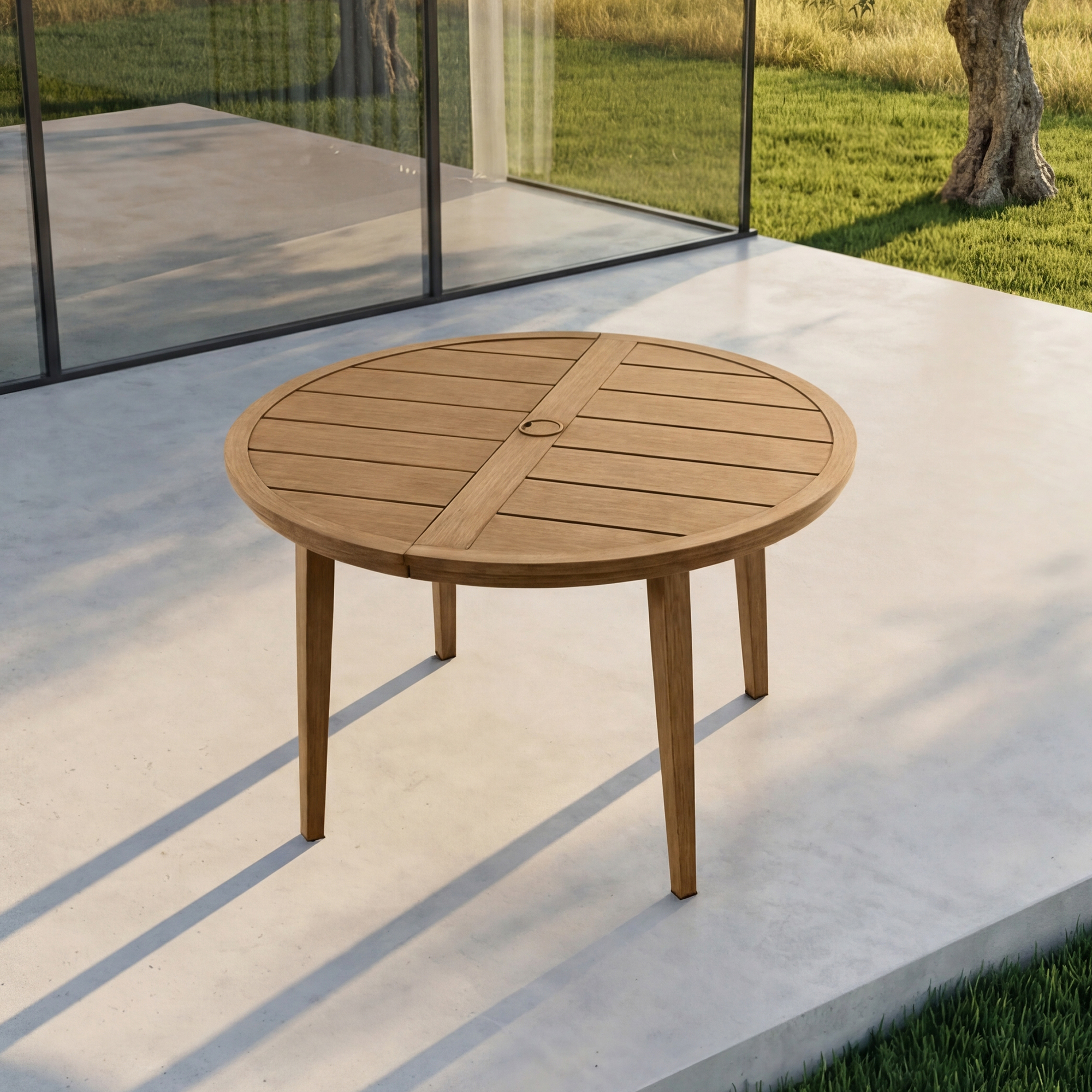 Round aluminum patio dining table with umbrella hole on outdoor concrete patio-Seehill