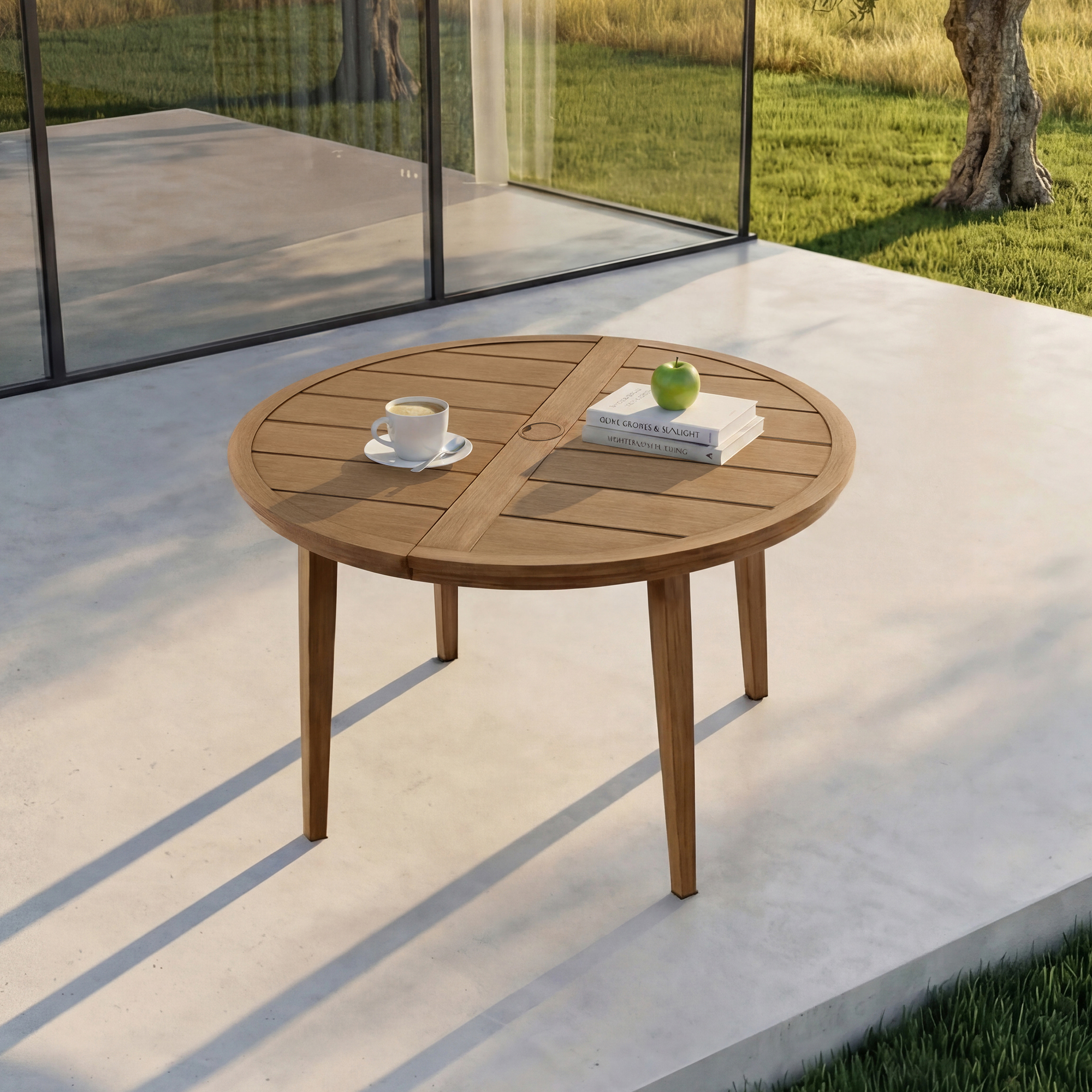 Round aluminum patio dining table with umbrella hole on outdoor patio setting-Seehill