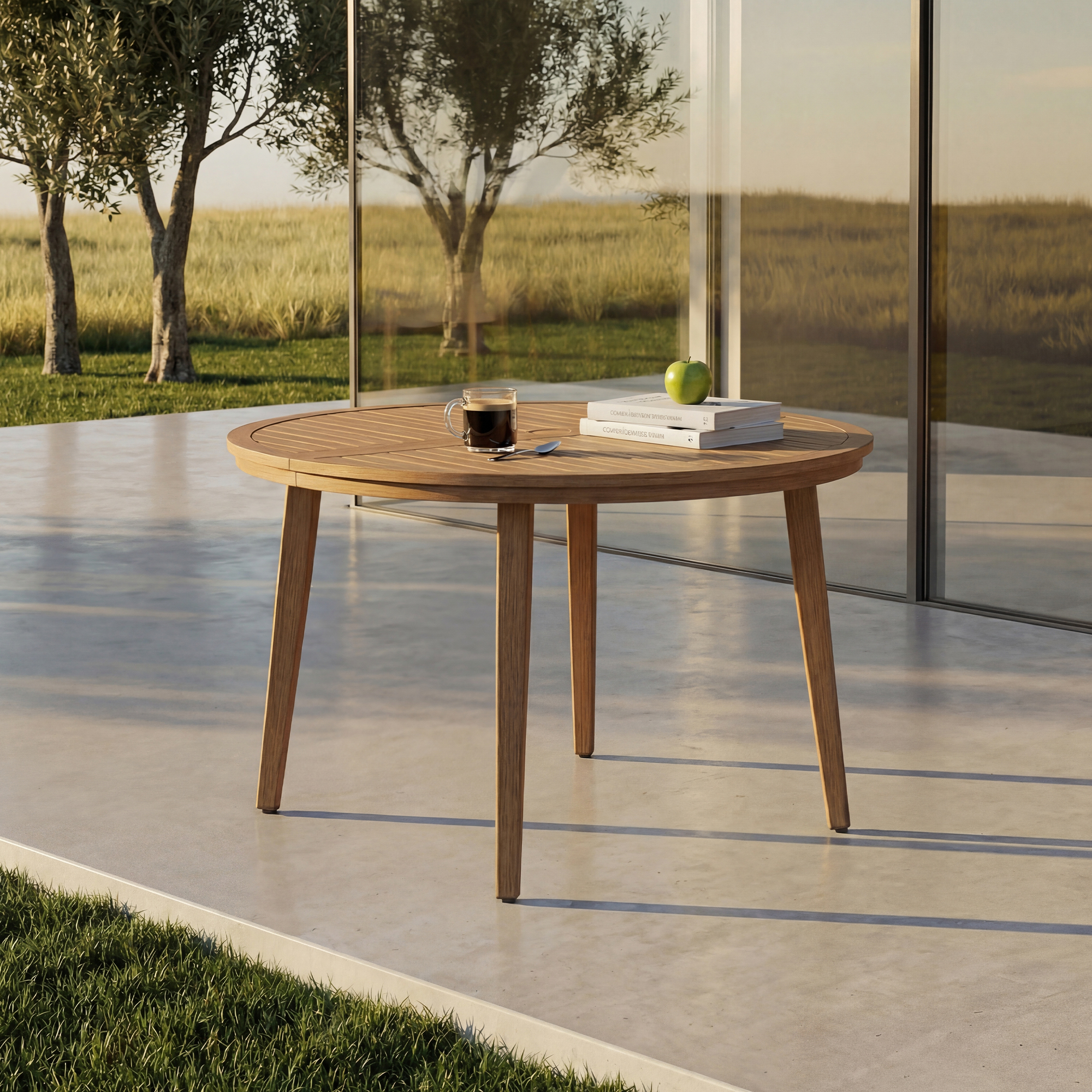 Round patio dining table with umbrella hole on outdoor patio near glass wall-Seehill