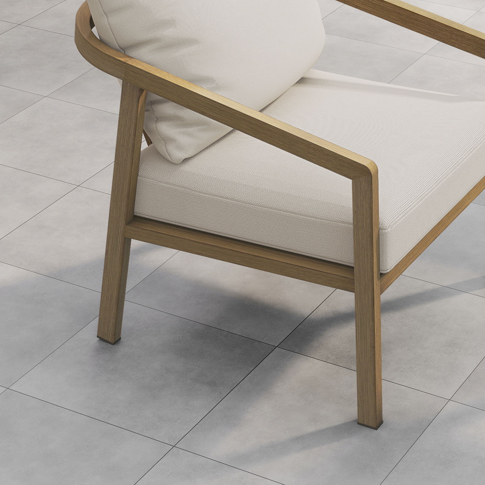 Close-up of outdoor armchair with wooden frame and beige cushions on tiled floor-Seehill