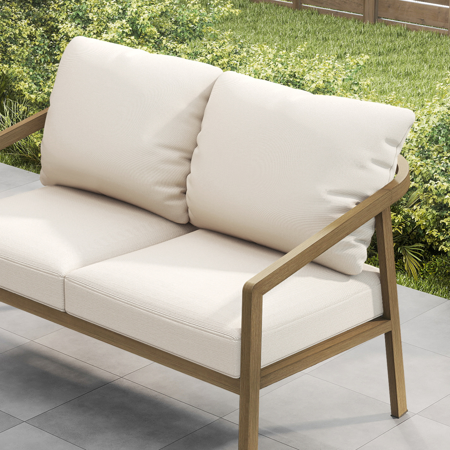 Highlighting the Seater patio outdoor loveseat with a dark woven frame and light gray cushions, showcasing a modern look. - Seehill