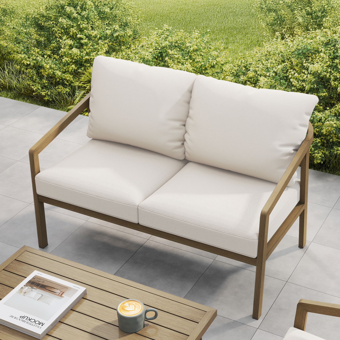 An elegant Piece Outdoor Conversation Set SS with gray cushions and a contemporary layout. - Seehill