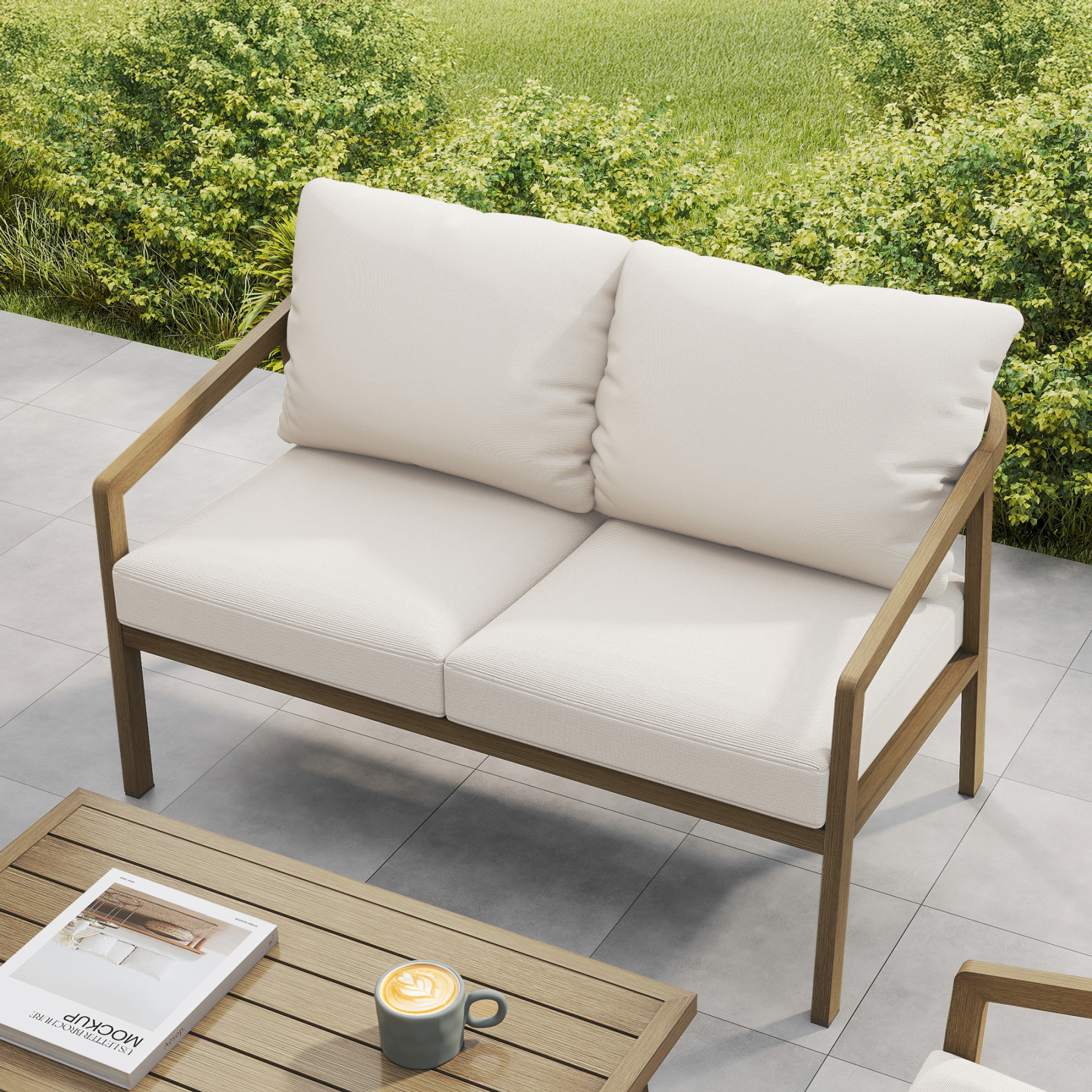An elegant Piece Outdoor Conversation Set SS with gray cushions and a contemporary layout. - Seehill