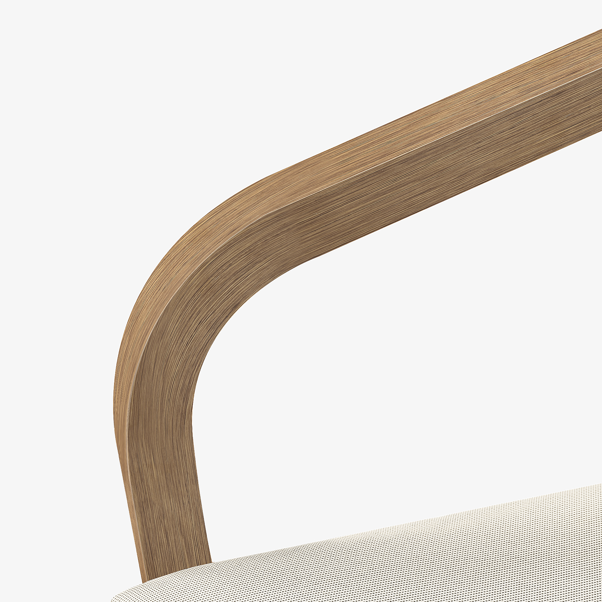 Close-up of curved wooden armrest and beige fabric seat detail on patio dining chair-Seehill