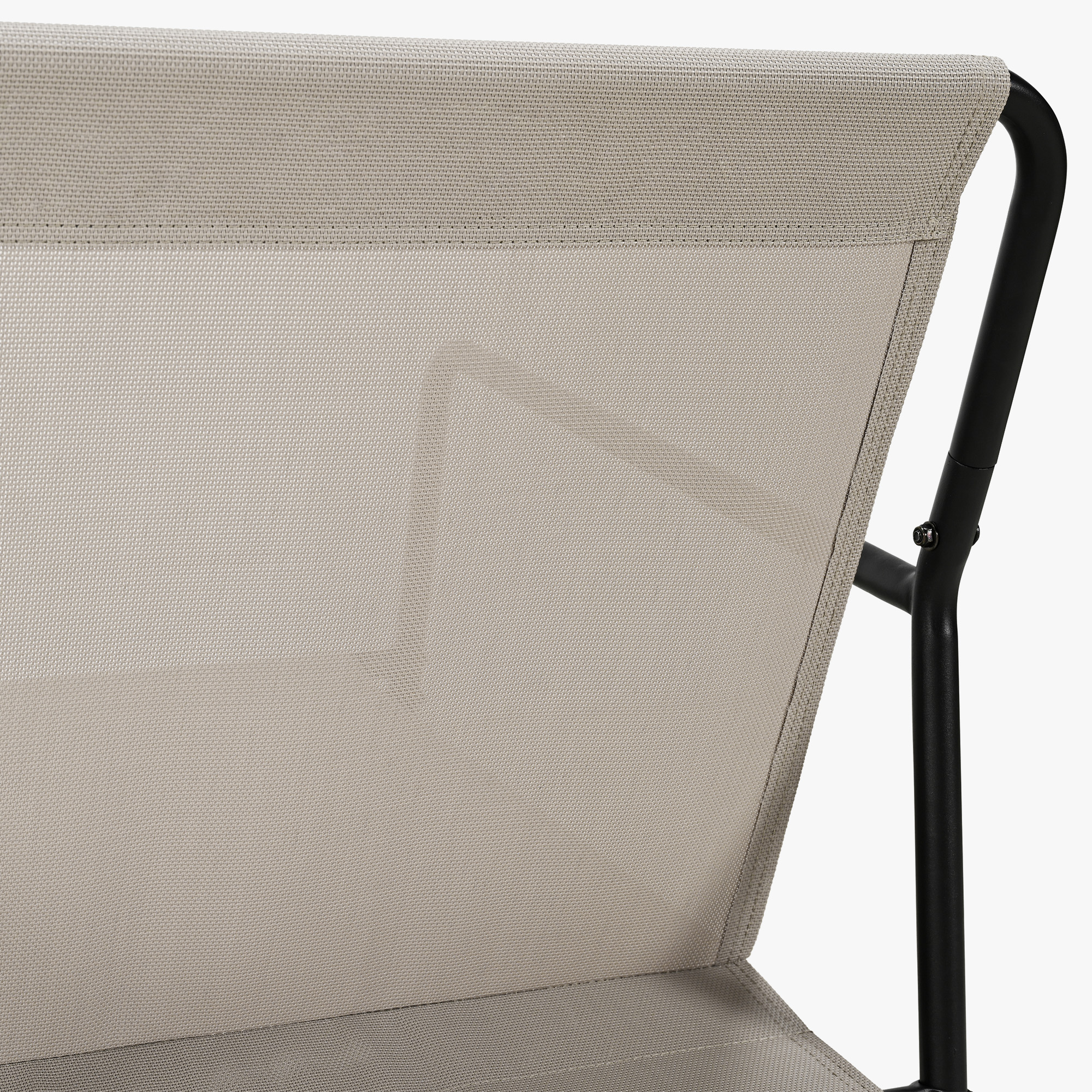 Close-up of beige breathable fabric and black metal frame of modern patio rocking chair-Seehill