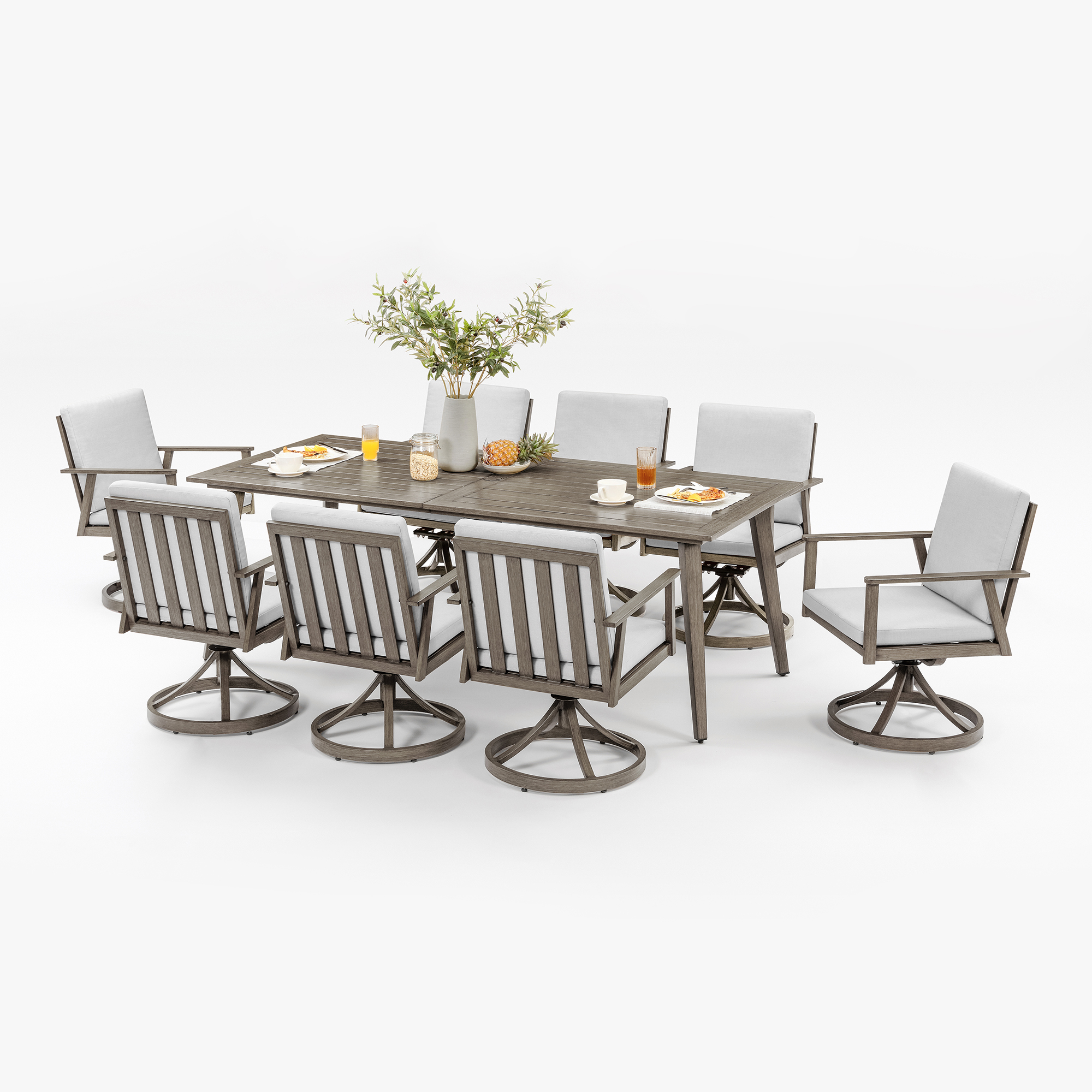 Explore the modern piece outdoor dining set with weathered finish, showcasing the graceful piece outdoor patio. - Seehill