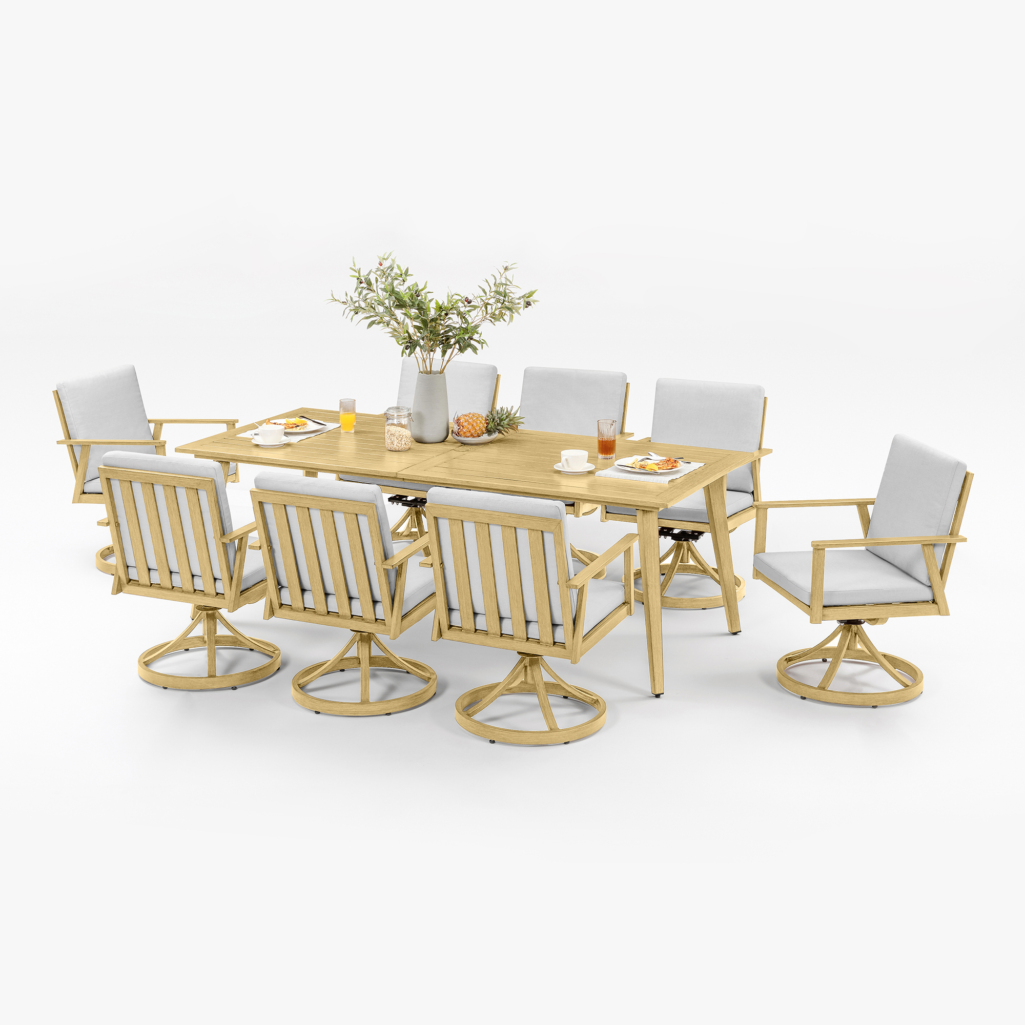 Luxury piece outdoor patio dining set, all-weather aluminum furniture with umbrella hole, featuring swivel chairs. - Seehill