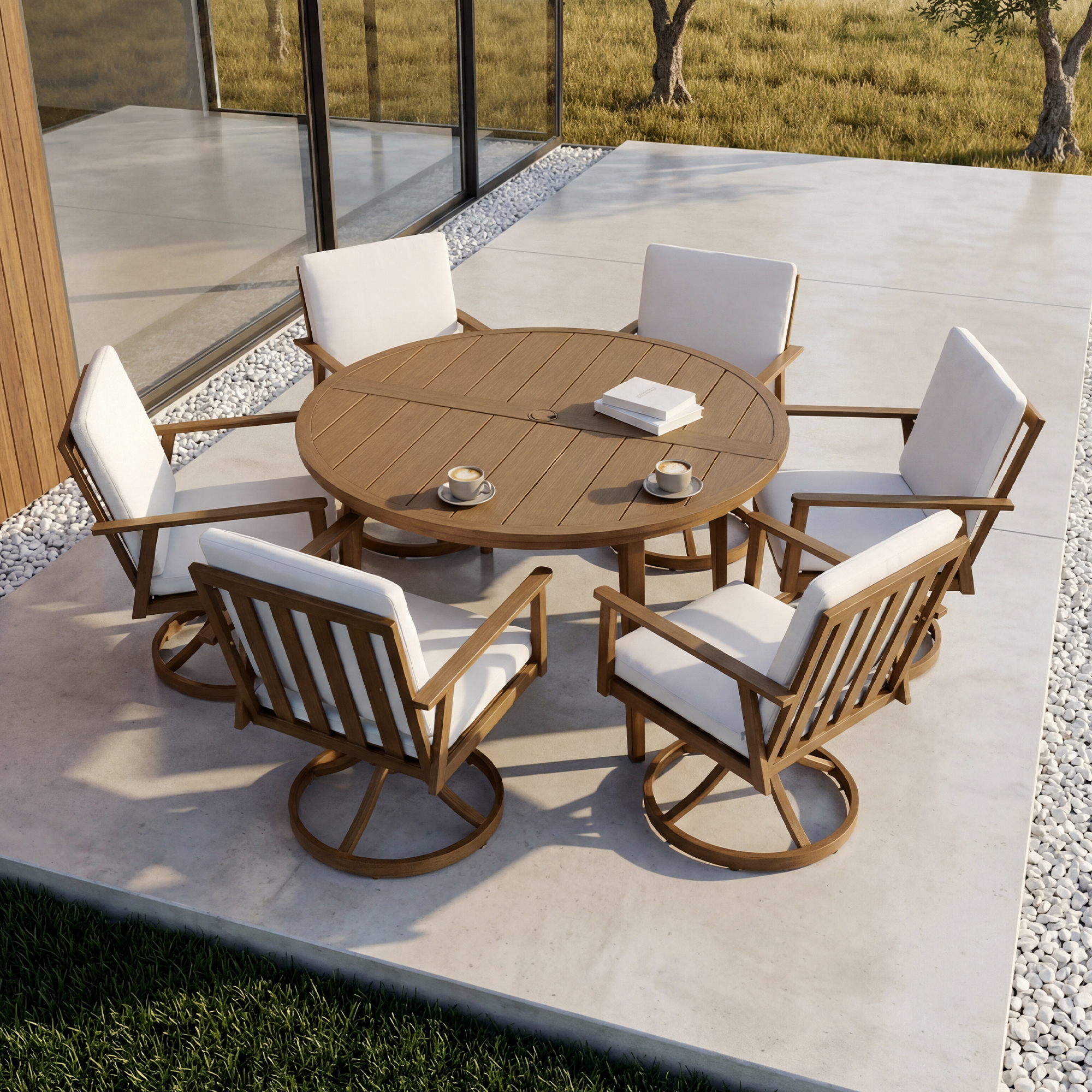 Round aluminum patio dining table with umbrella hole and six cushioned swivel chairs on-Seehill