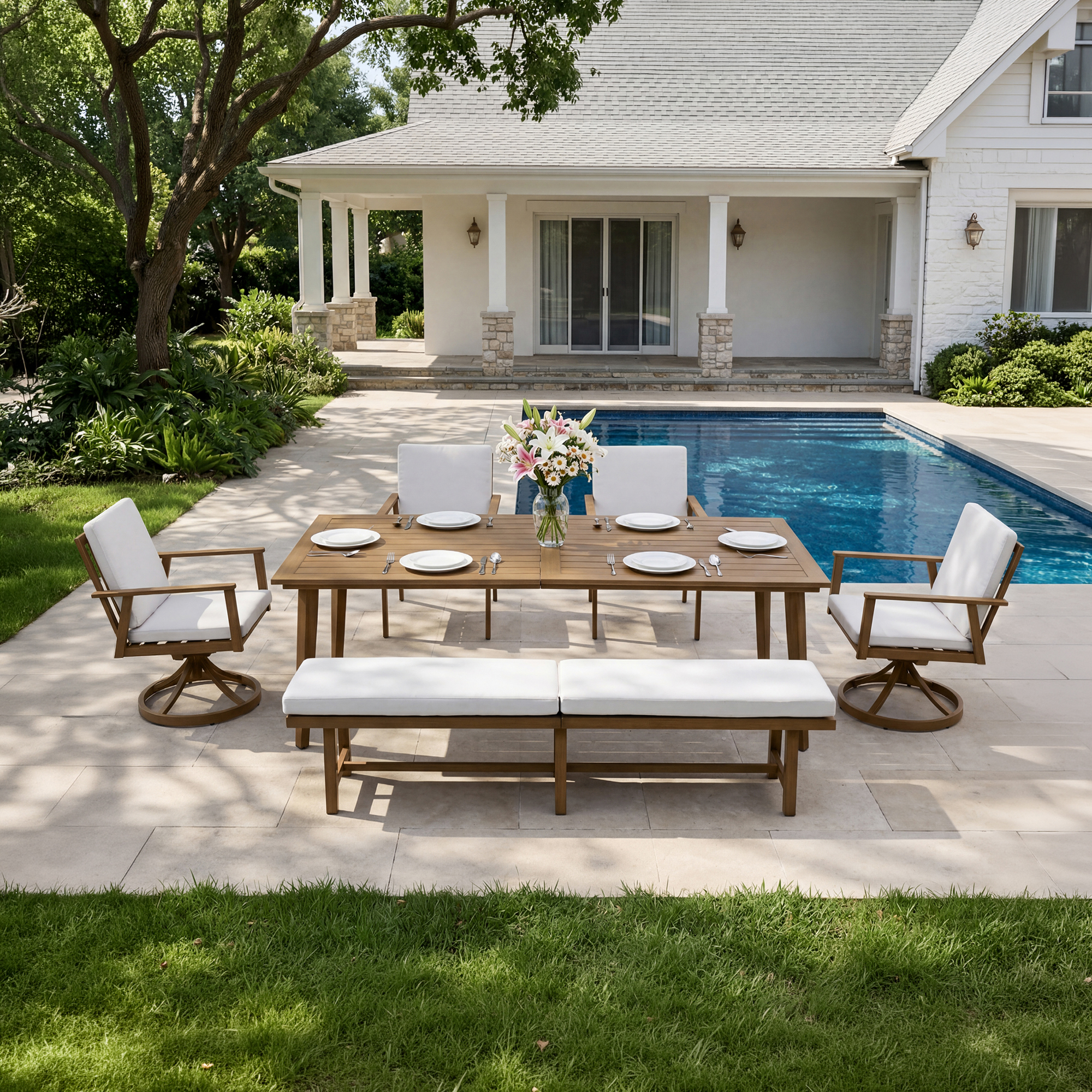 6-Piece Aluminum Patio Dining Set with 76" 3-Seater Bench - DS086