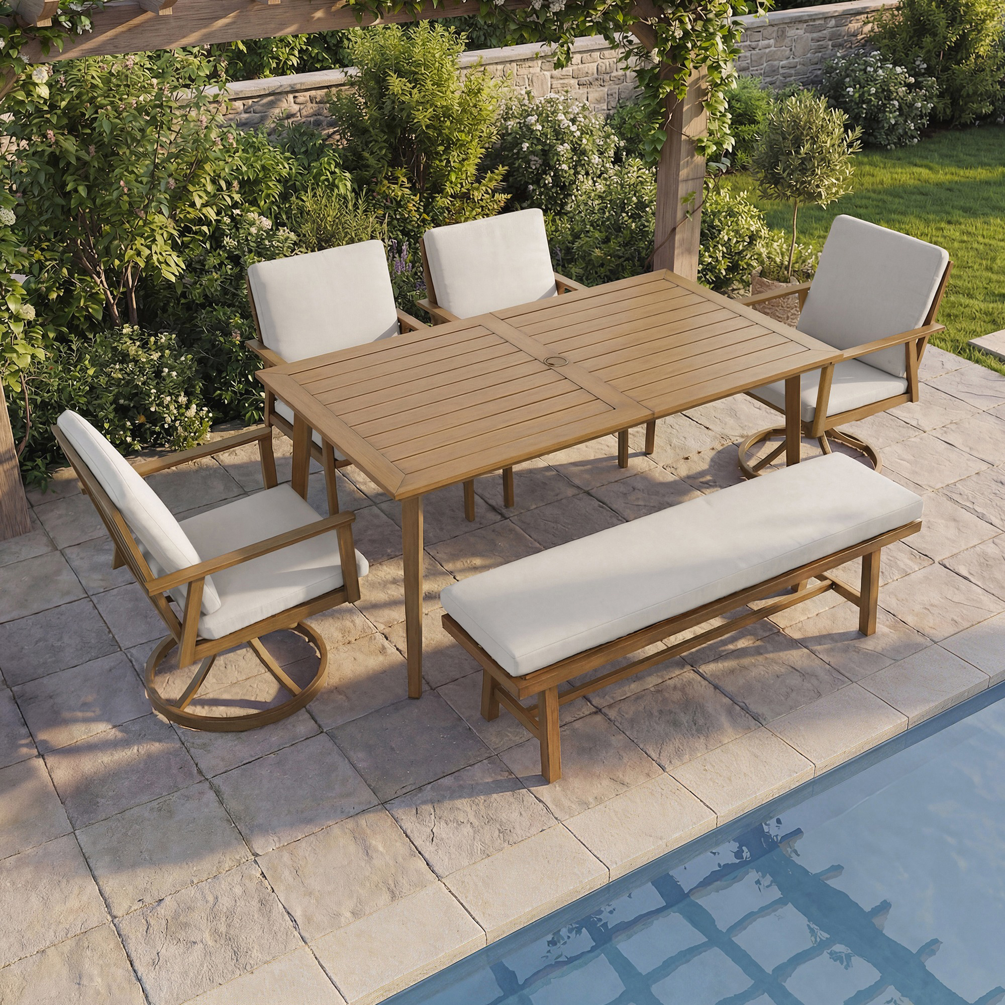 Aluminum Outdoor 6-Person Dining Table Set with 57'' Bench