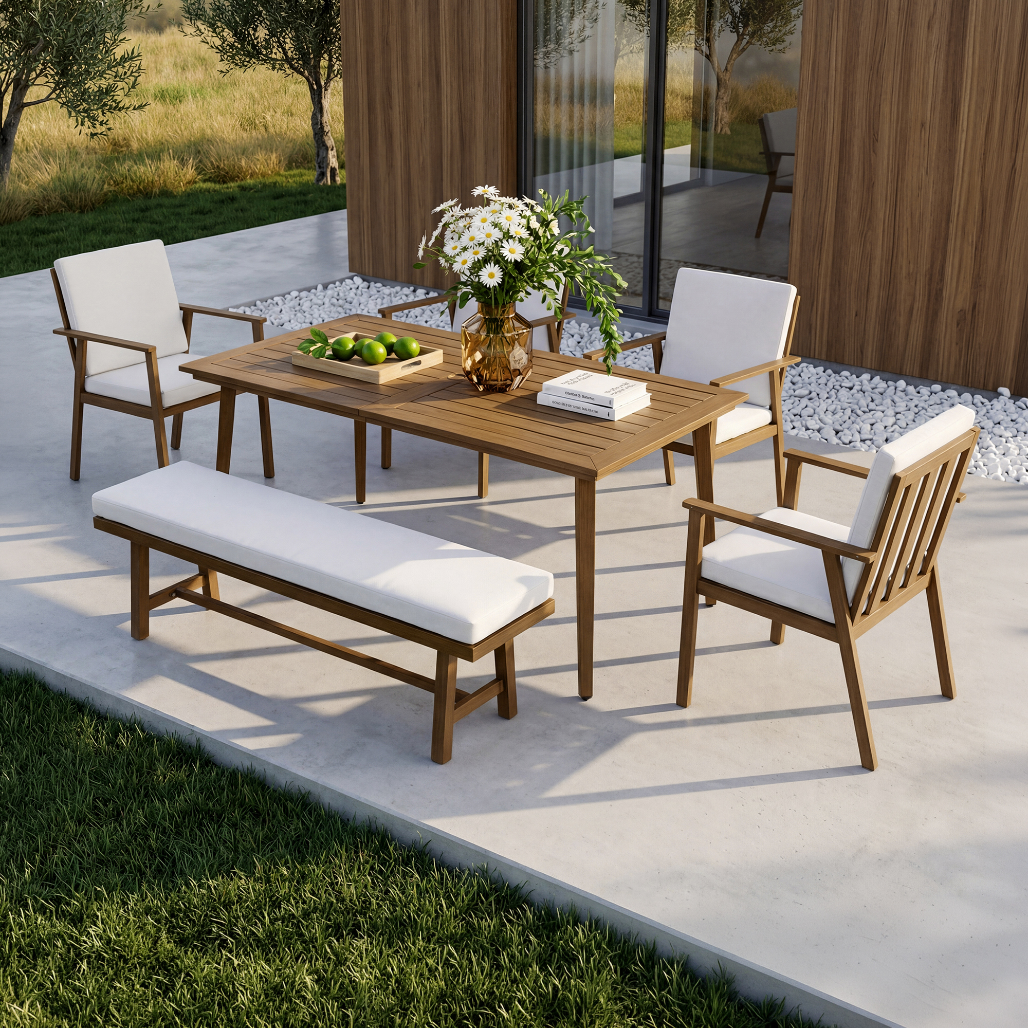 Aluminum Outdoor 6-Person Dining Table Set with 57'' Bench
