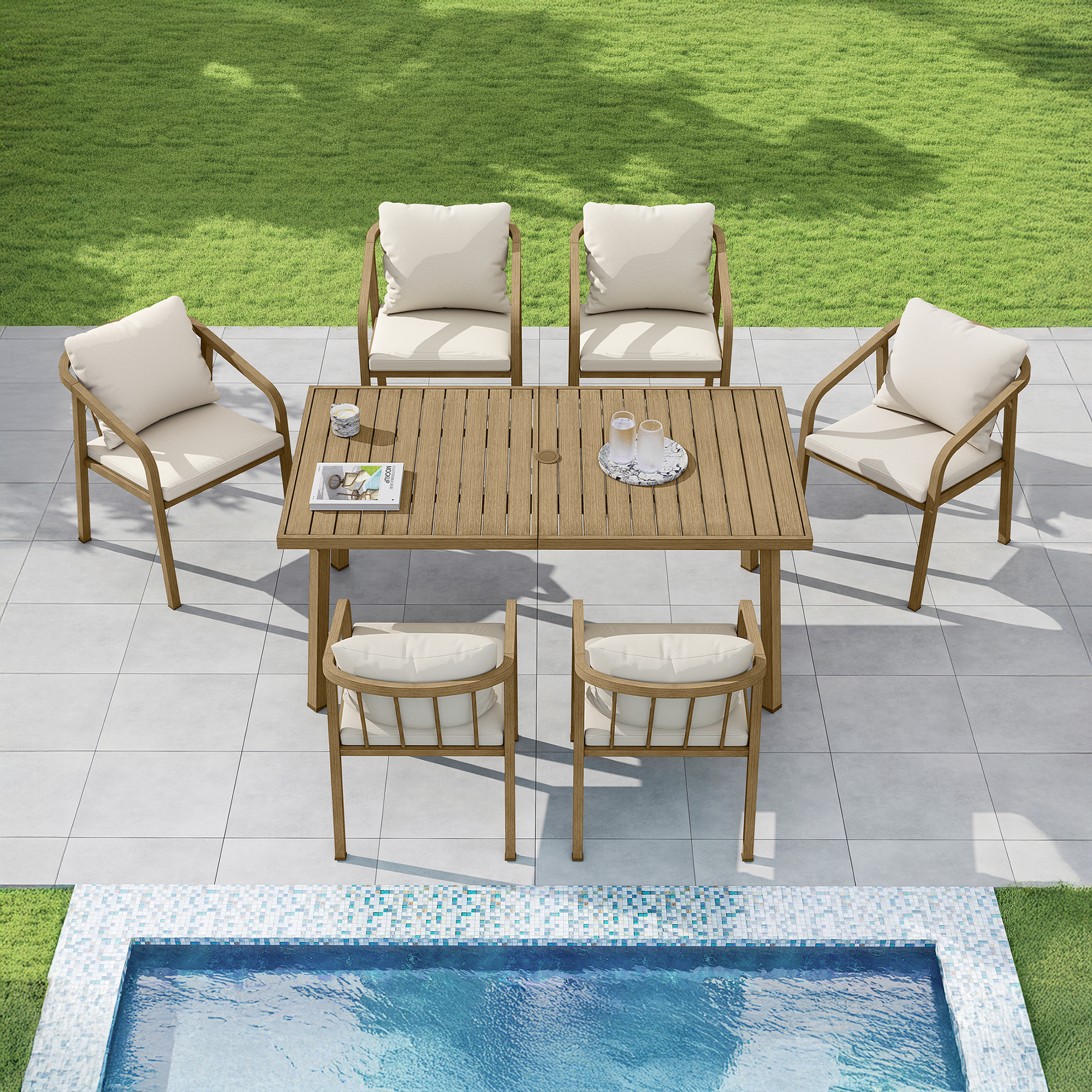 Outdoor patio dining set with cushioned chairs around a rectangular wooden table by the pool-Seehill