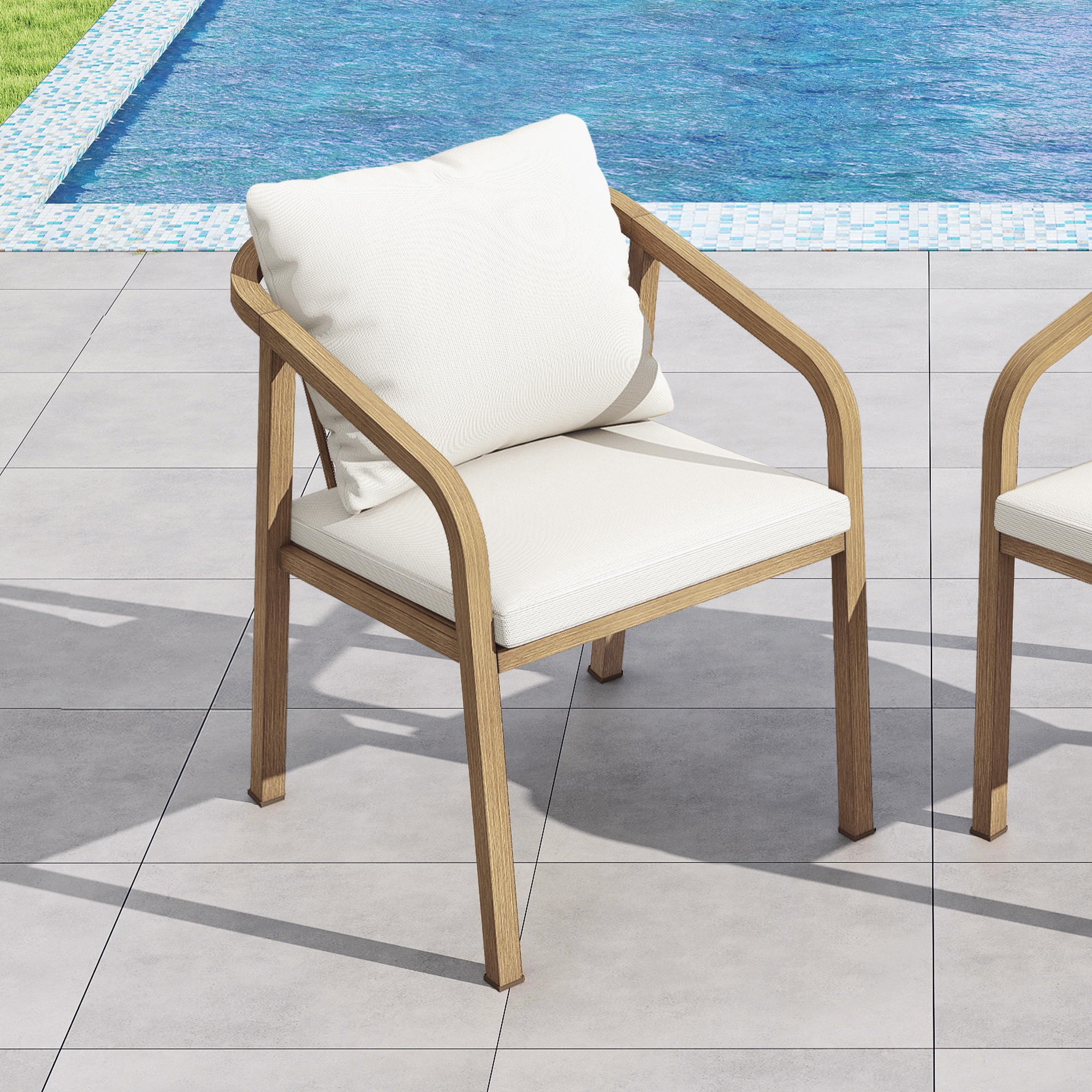 Outdoor dining chair with wraparound wooden frame and white cushions by the pool-Seehill