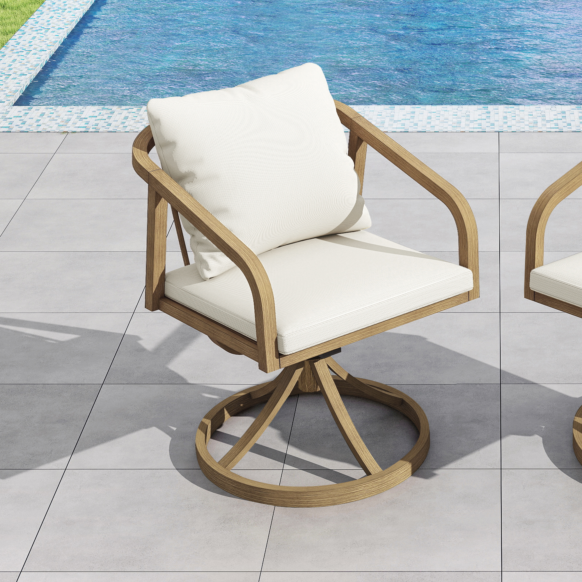 Outdoor swivel dining chair with white cushions by a pool on tiled patio-Seehill