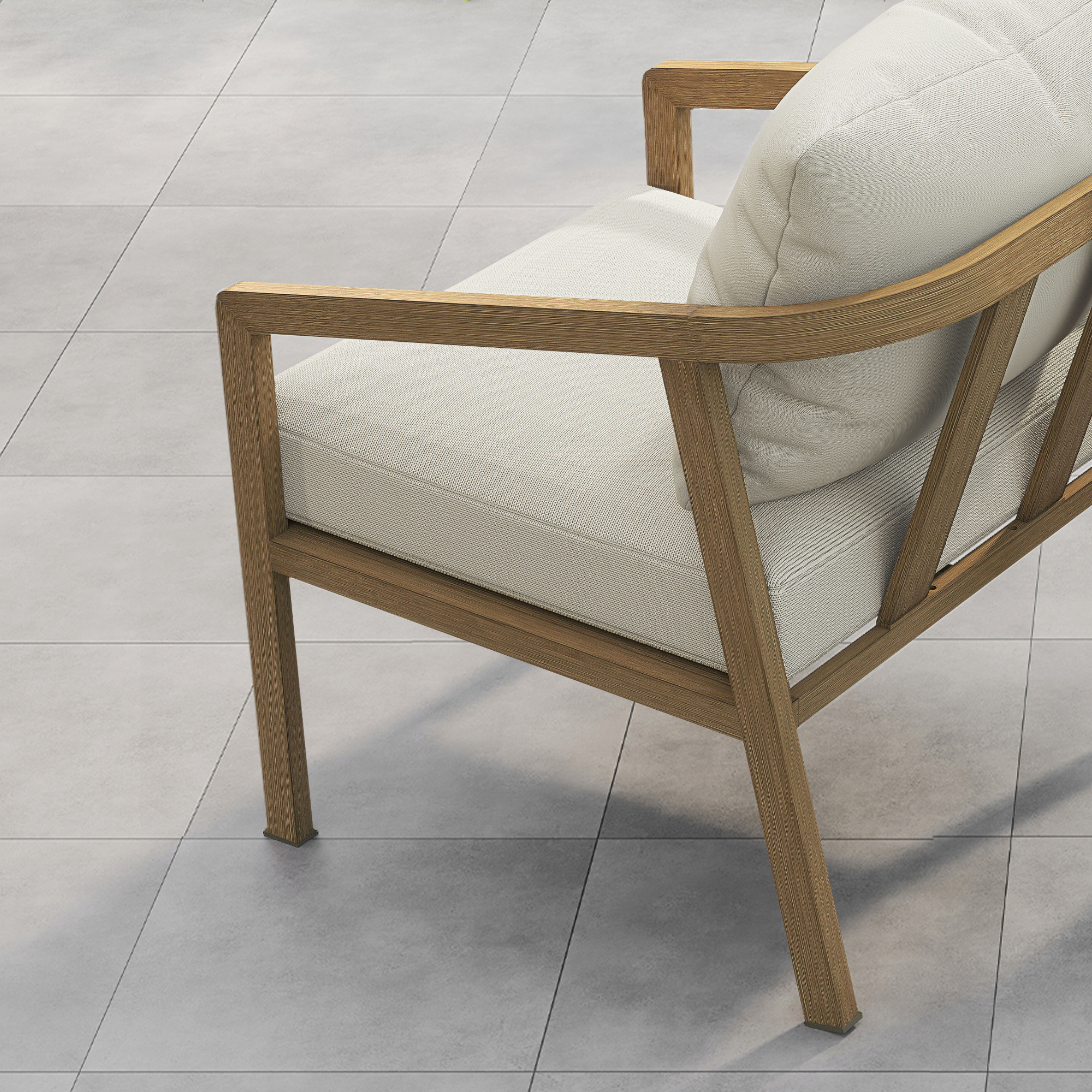 An elegant piece Patio Outdoor Armchair Set with two dark rattan patio armchairs featuring light cushions. - Seehill