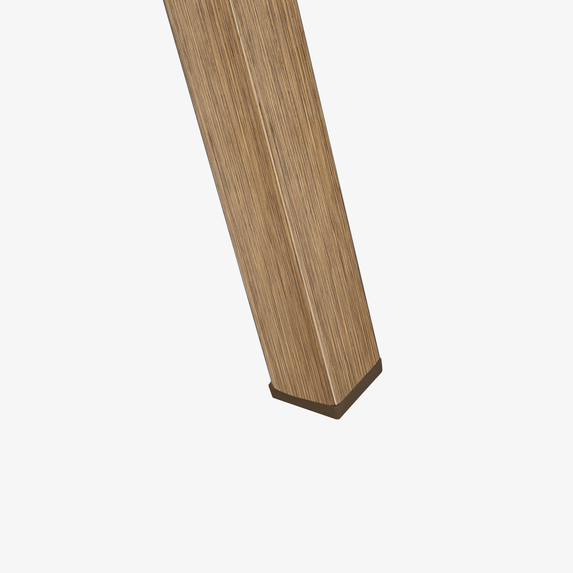Close-up of a wooden patio dining table leg with protective base on white background -Seehill