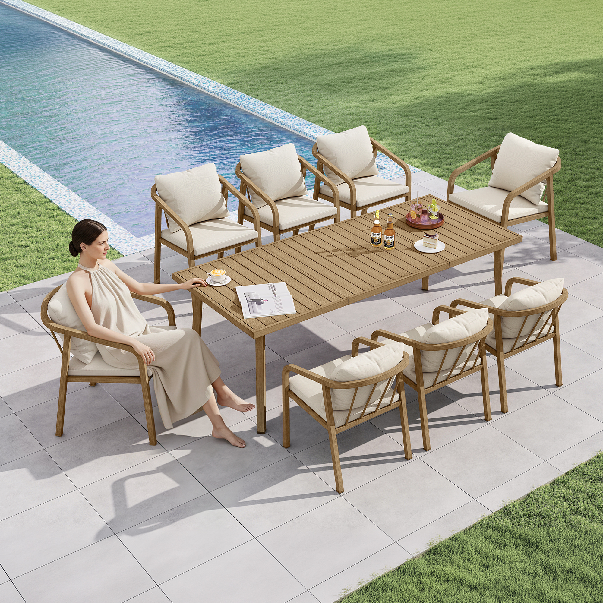 Outdoor patio scene with a rectangular table and cushioned chairs near a pool -Seehill