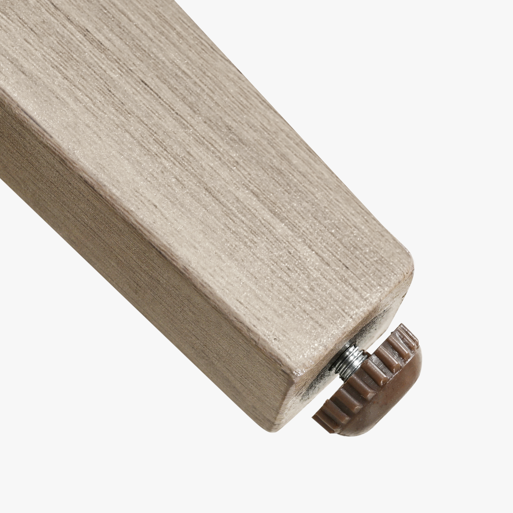 Close-up of faux wood grain finish on patio sofa leg with adjustable foot pad-Seehill