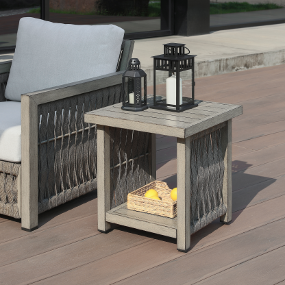 Outdoor side table with woven panel and storage shelf - Seehill