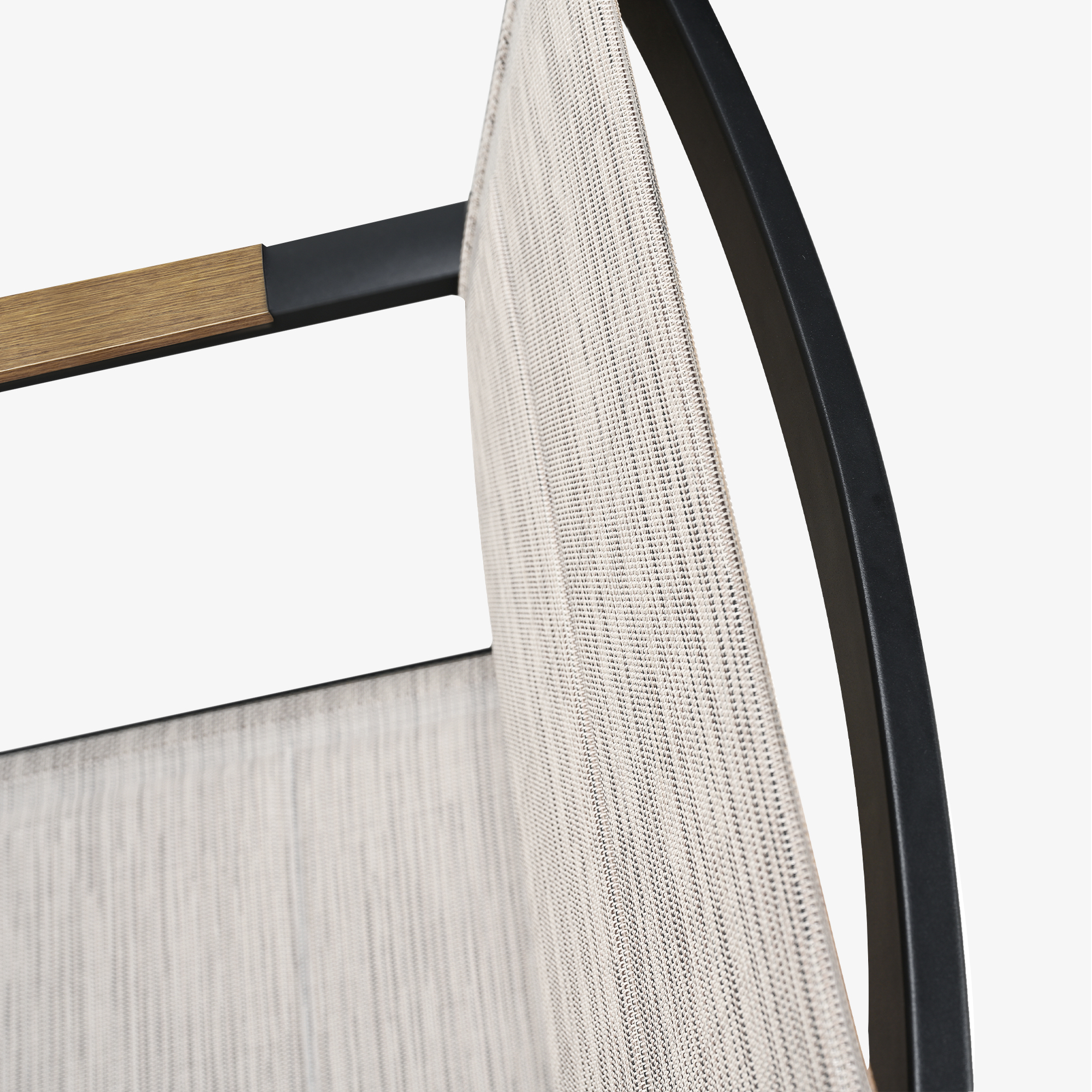 Close-up of patio dining chair with beige mesh fabric and wooden armrest on white background-Seehill