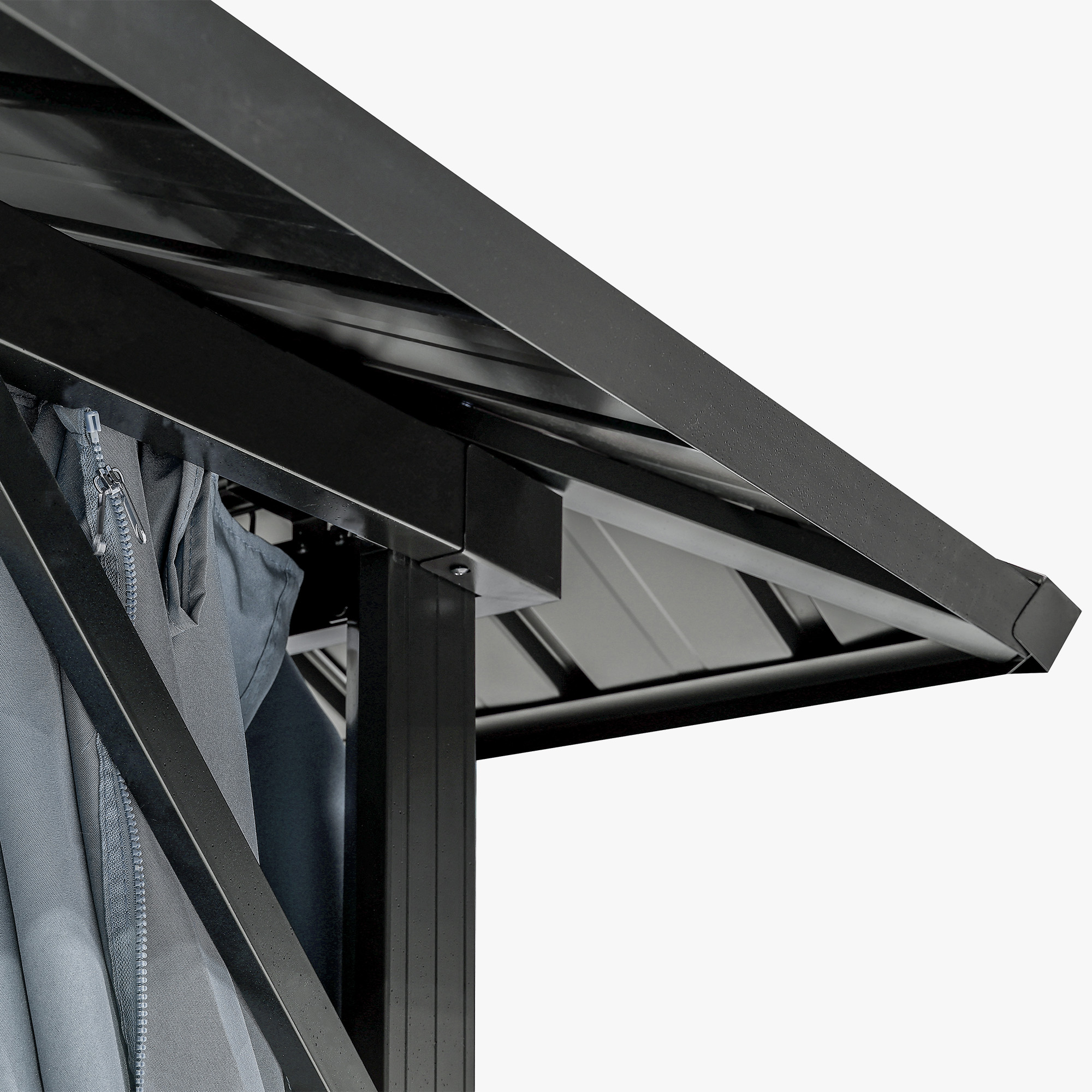 Close-up of black metal frame and hardtop roof corner of outdoor patio gazebo-Seehill