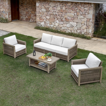 Weather-resistant woven rattan patio set with whit - Seehill