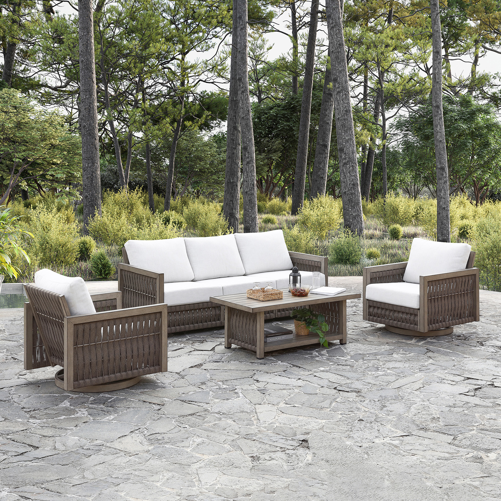 Modern outdoor wicker patio set with white cushions - Seehill