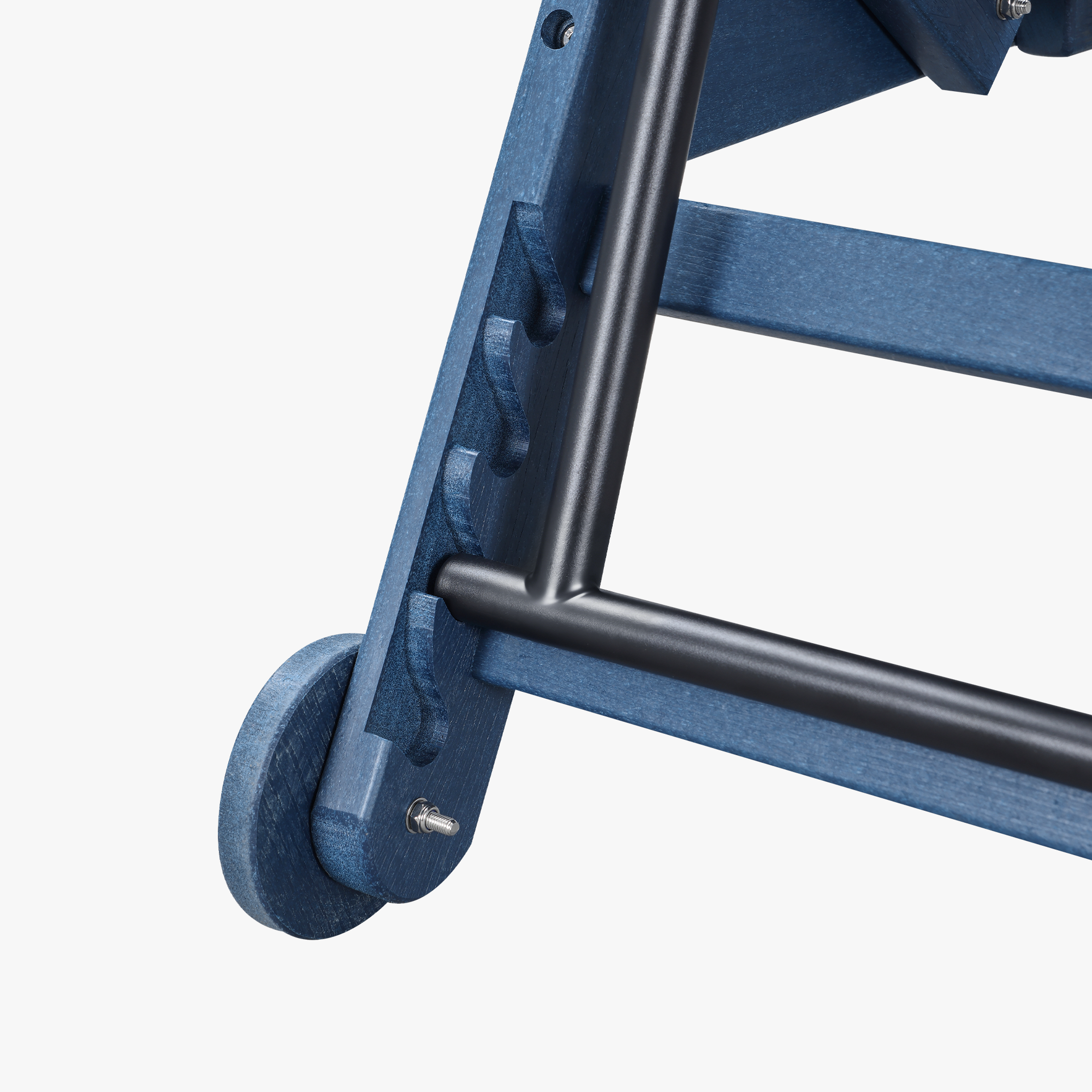 Close-up of blue adjustable lounge chair wheel and reclining mechanism on white background -Seehill