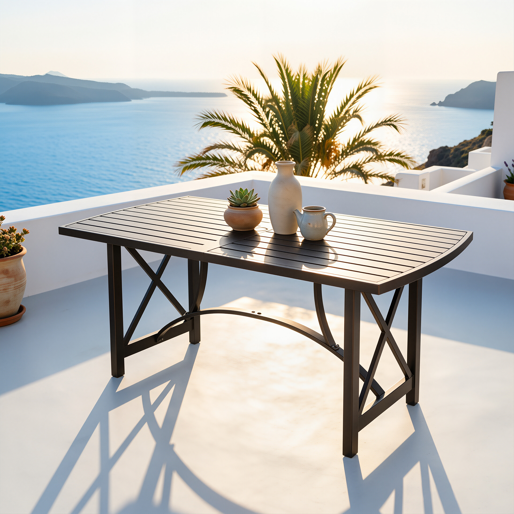 Patio Rectangle Dining Table with Umbrella Hole for 6 person - D026