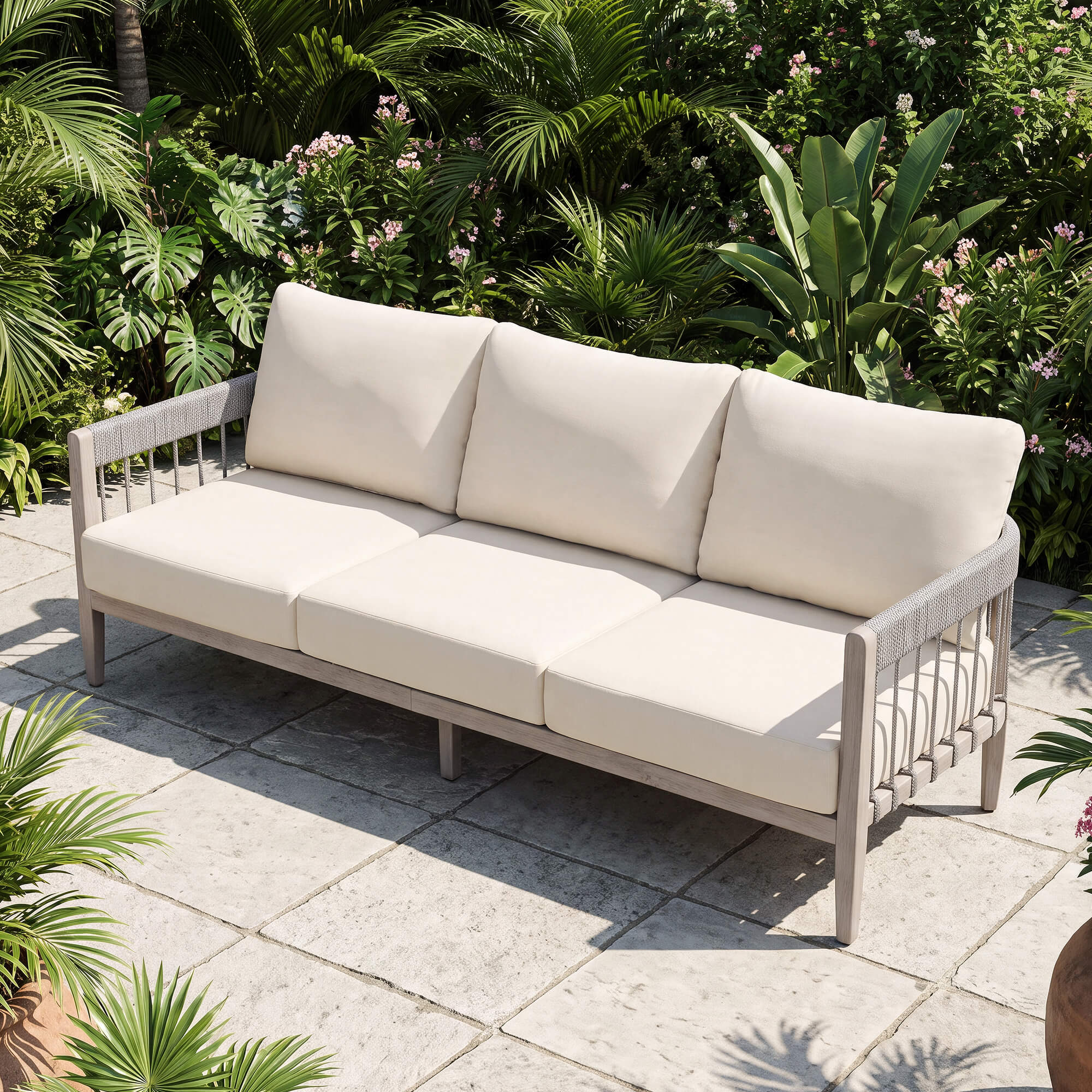 3-Seater Patio Outdoor Sofa with Faux Wood Grain Frame - C038