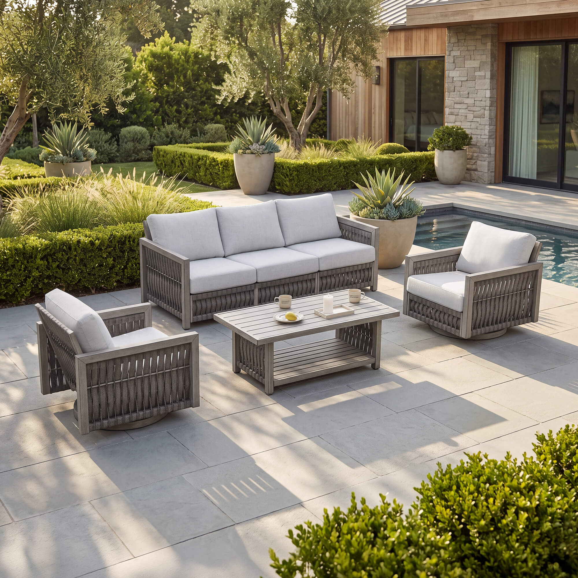 Outdoor Patio Conversation Set with Aluminum Frame, Rope Weave Sofa & Coffee Table with Washable Cushions-SS023-1