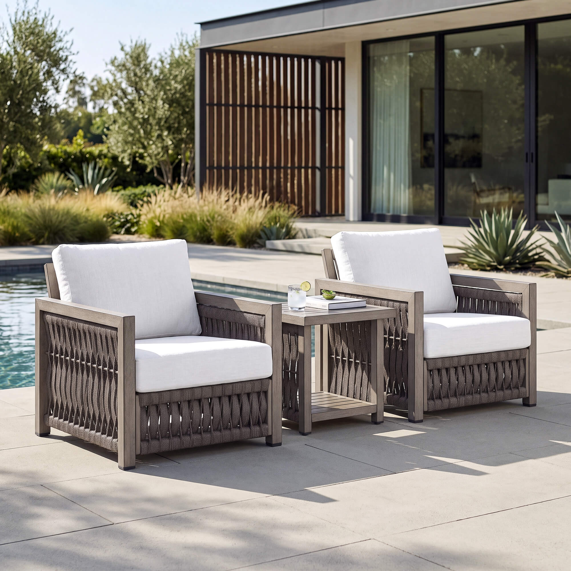 Outdoor Patio Set with Aluminum Frame, Rope Weave Sofa & Coffee Table with Washable Cushions-SS022-2