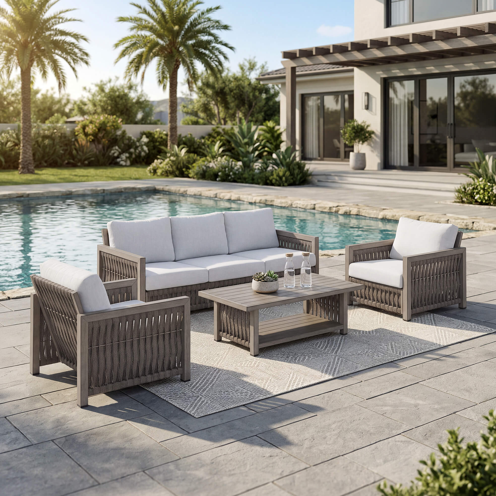 Outdoor Patio Conversation Set with Aluminum Frame, Rope Weave Sofa & Coffee Table with Washable Cushions-SS022-1