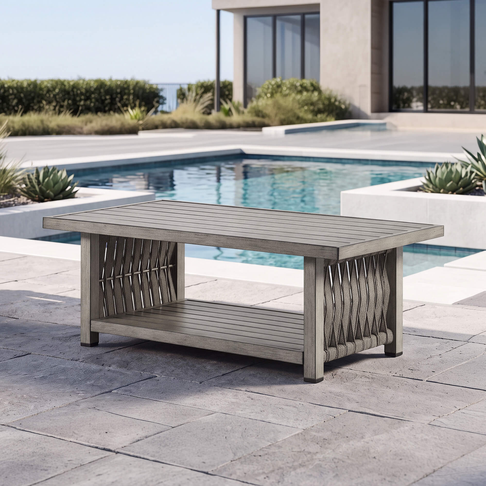 Outdoor Patio Coffee Table with Aluminum Frame, Rope Weave Design & 2-Tier Storage-D020