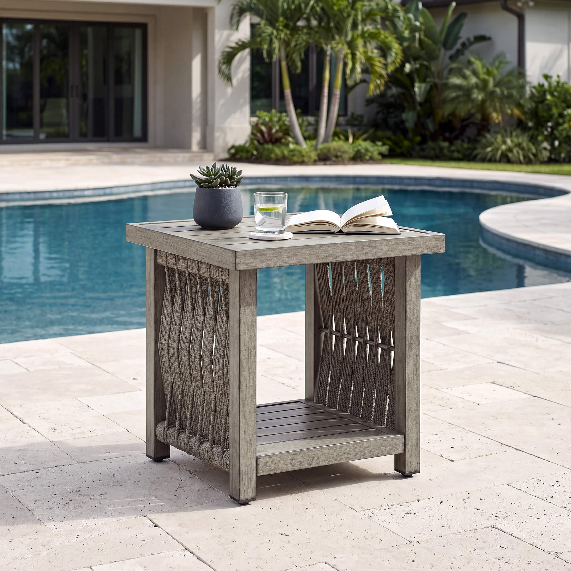 Outdoor Patio Side Table with Aluminum Frame, 2-Tier Rope Weave Design & Adjustable Legs-D021