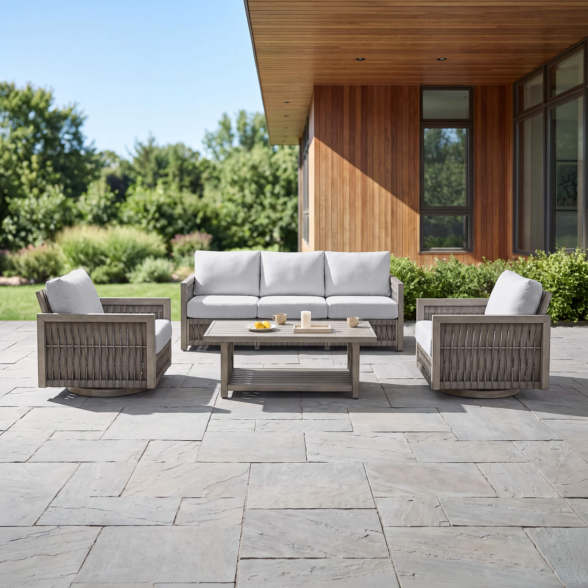 Outdoor Patio Conversation Set with Aluminum Frame, Rope Weave Sofa & Coffee Table with Washable Cushions-SS023-1