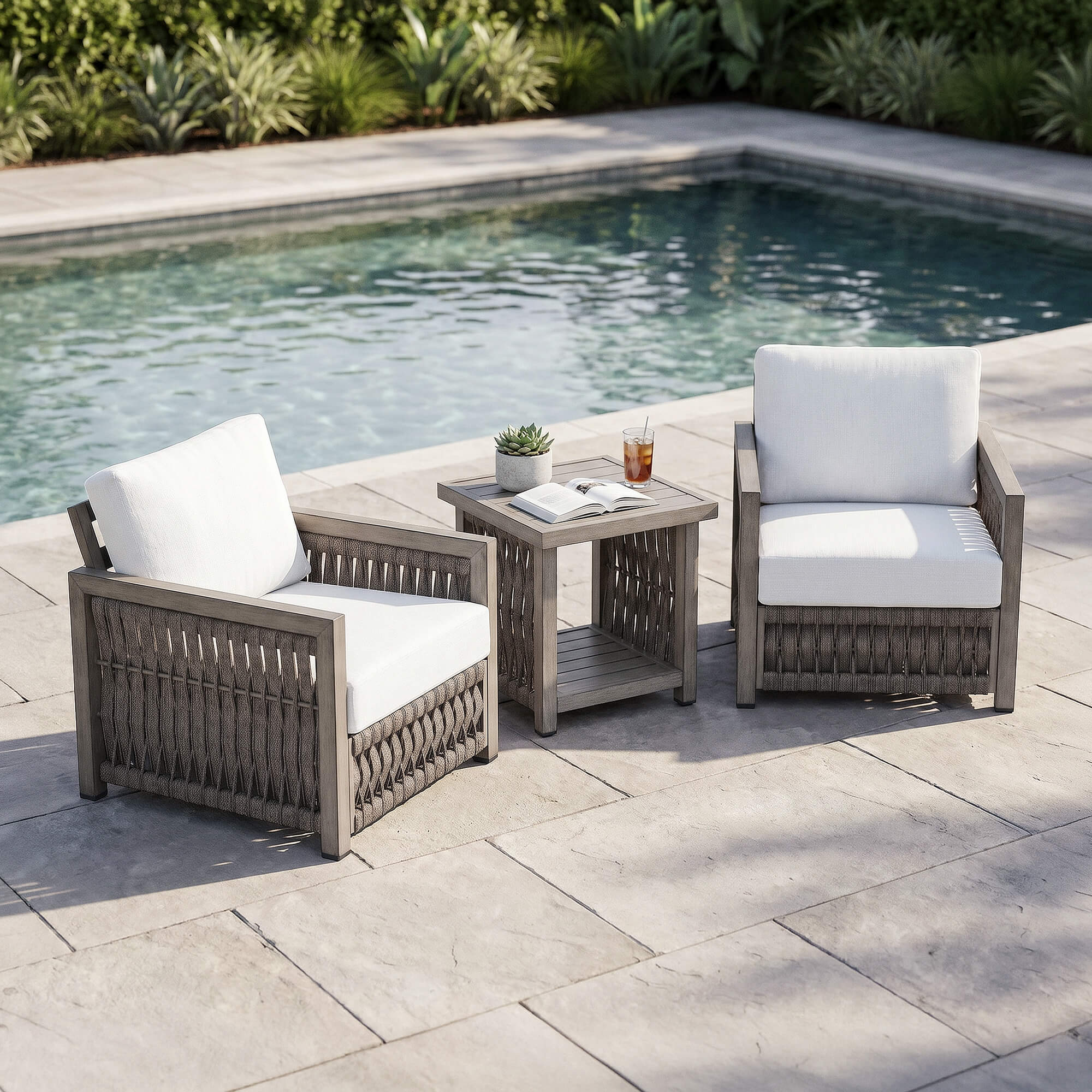 Outdoor Patio Set with Aluminum Frame, Rope Weave Sofa & Coffee Table with Washable Cushions-SS022-2
