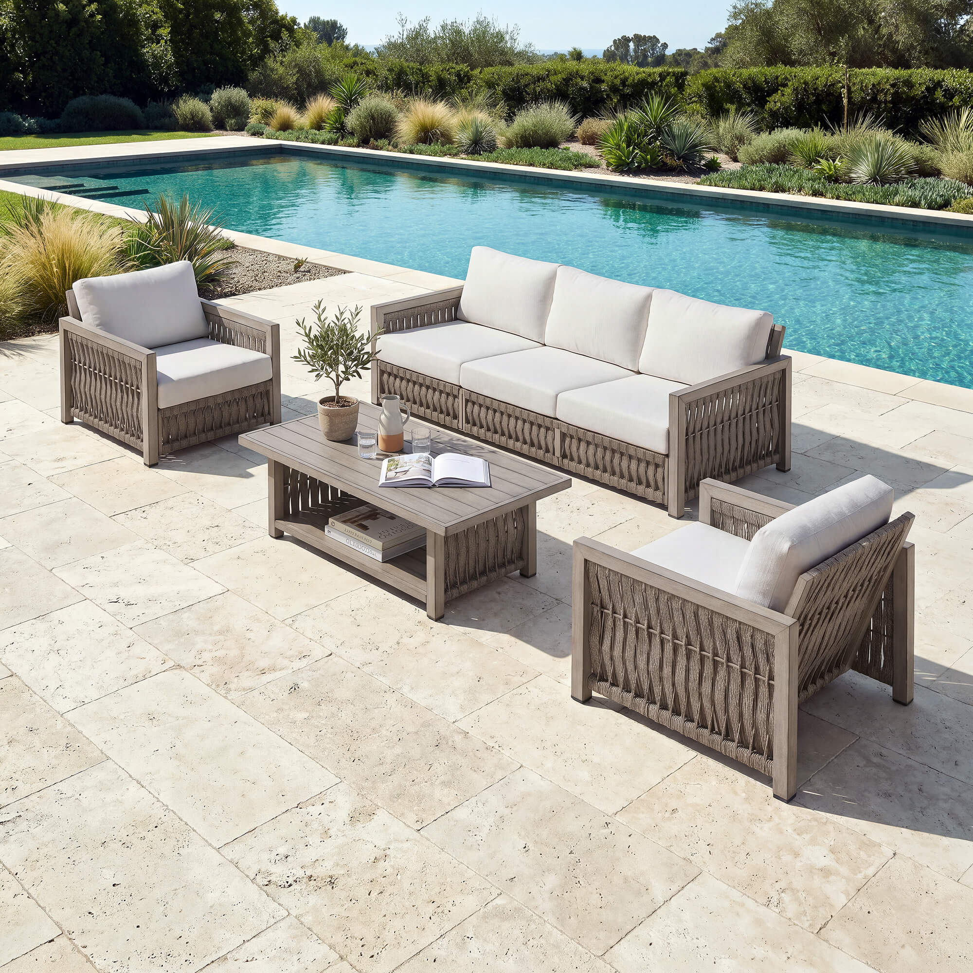 Outdoor Patio Conversation Set with Aluminum Frame, Rope Weave Sofa & Coffee Table with Washable Cushions-SS022-1