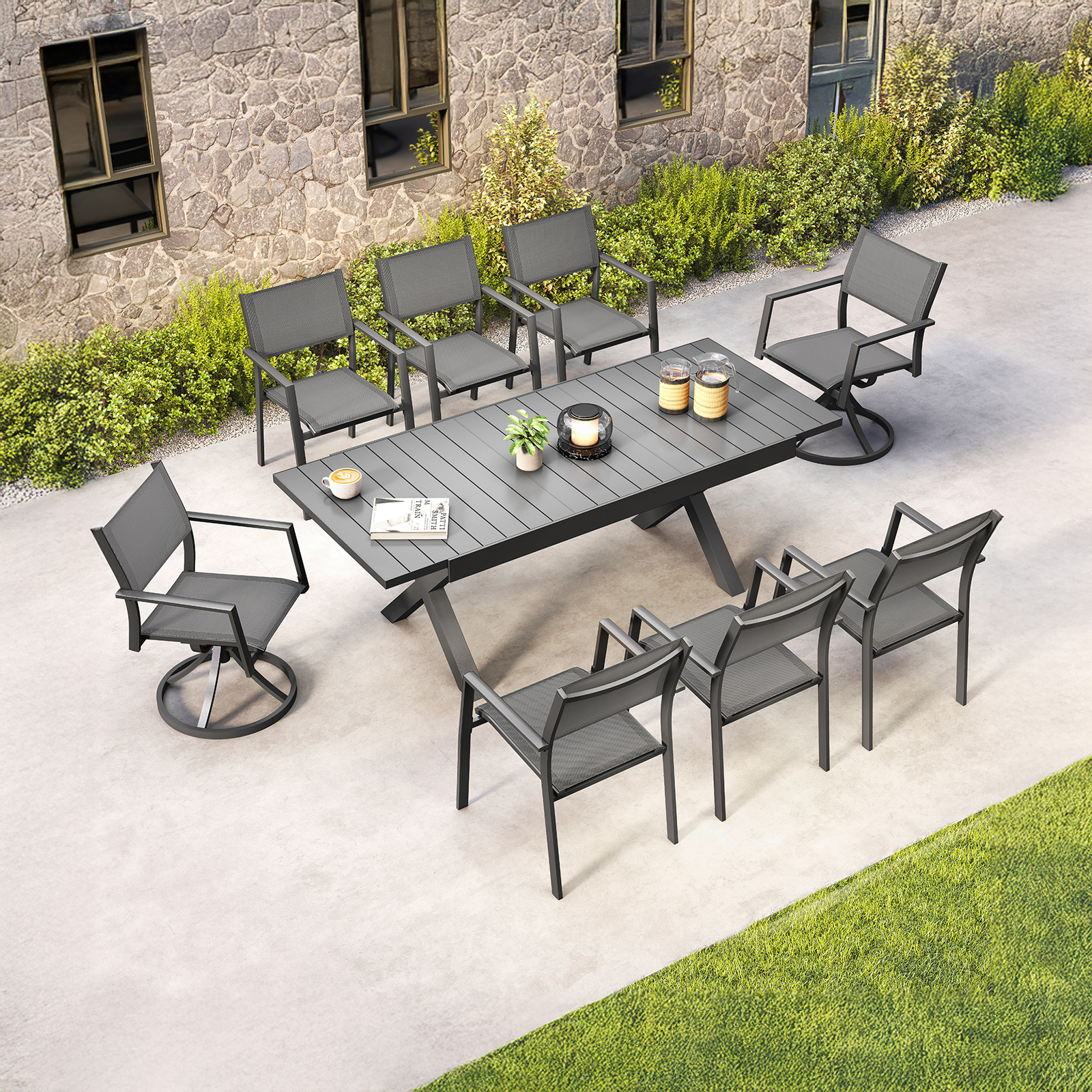 Expandable patio dining set with metal frame and mesh chairs on outdoor stone patio-Seehill