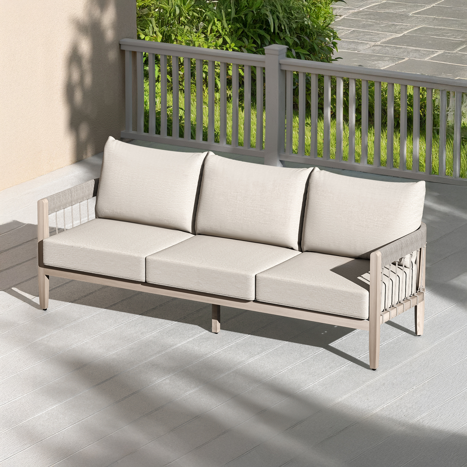 3-Seater Patio Outdoor Sofa with Faux Wood Grain Frame - C038
