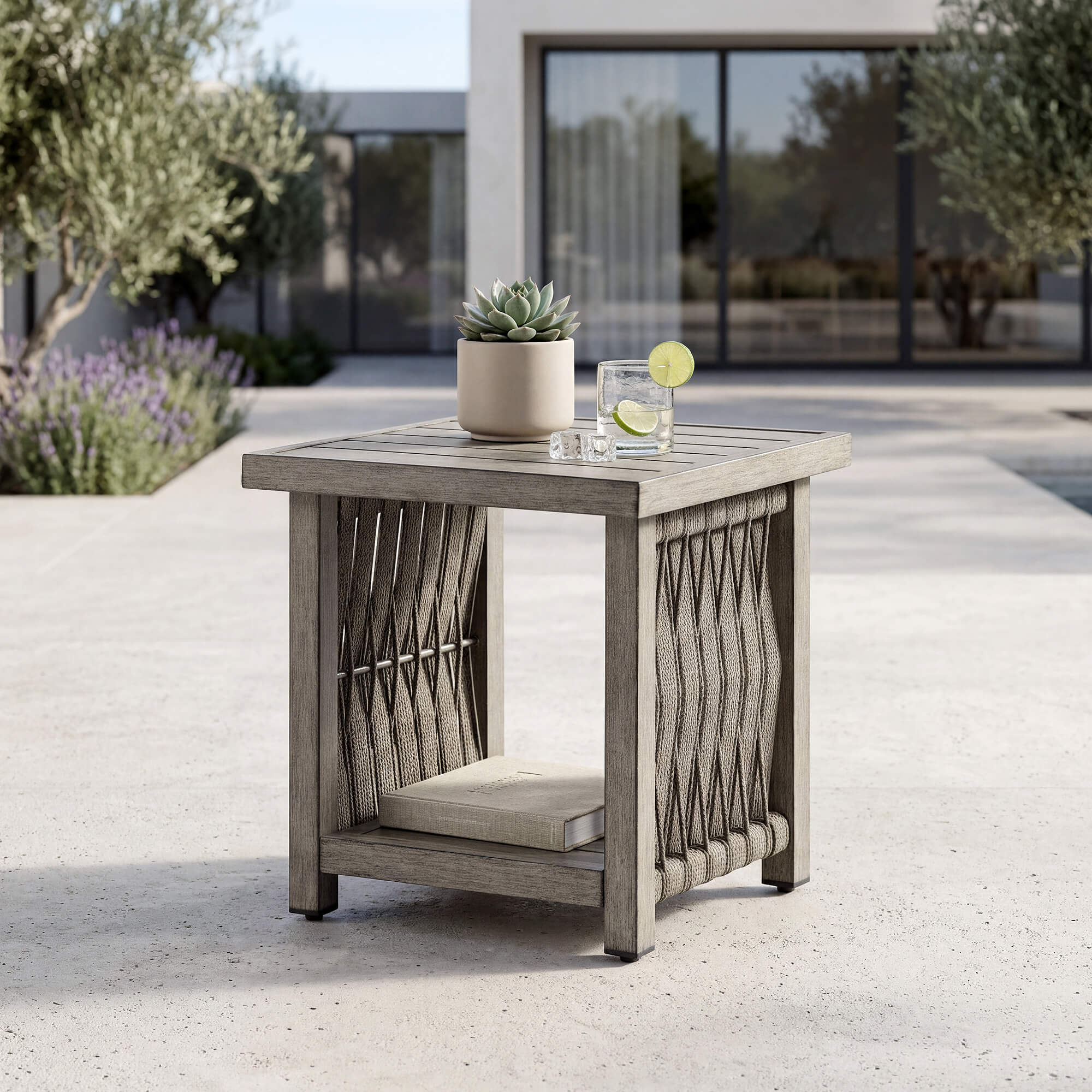 Outdoor Patio Side Table with Aluminum Frame, 2-Tier Rope Weave Design & Adjustable Legs-D021