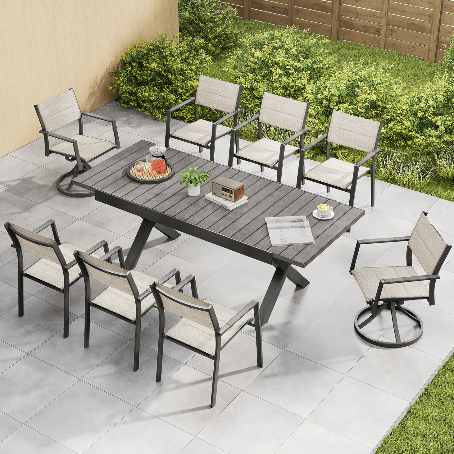 9-Piece Expandable Outdoor Dining Set with 2 Swivel Chairs - DS061-2