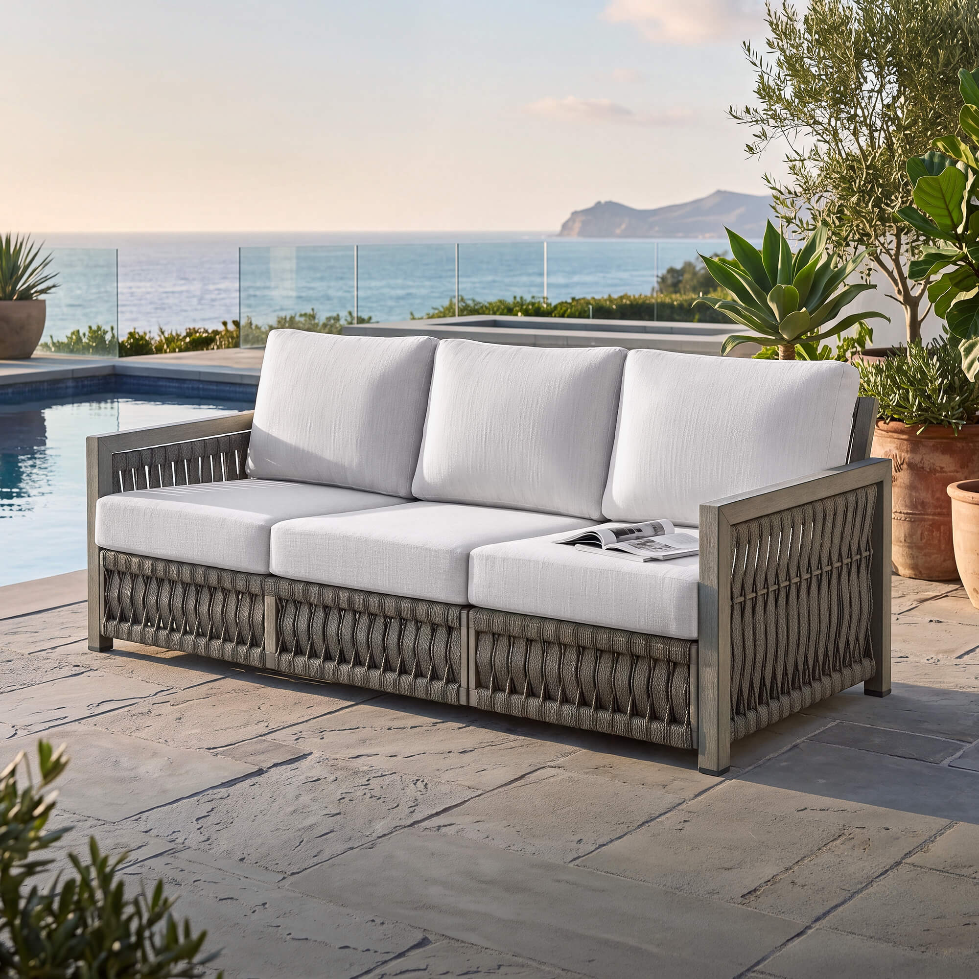 3-Seater Outdoor Patio Sofa with Aluminum Frame, Rope Weave Design & Washable Cushions-C019