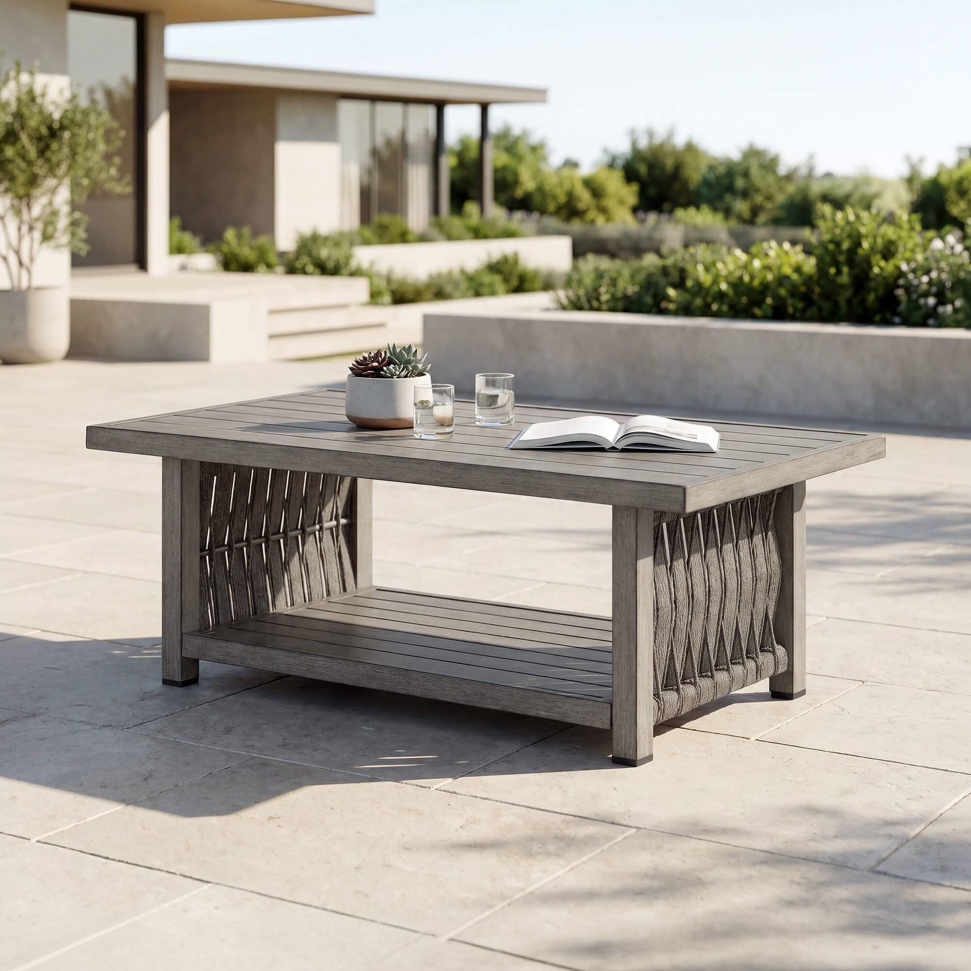 Outdoor Patio Coffee Table with Aluminum Frame, Rope Weave Design & 2-Tier Storage-D020